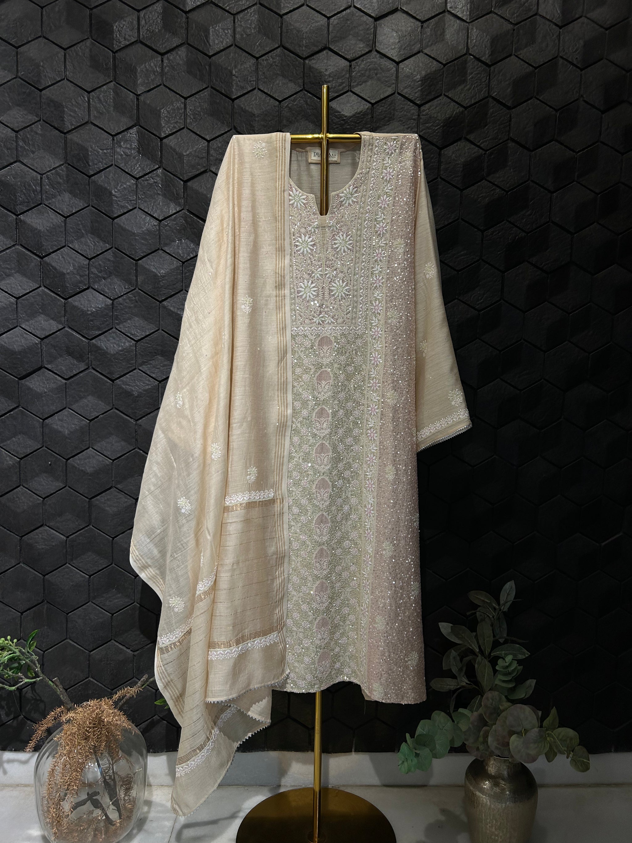 Women's Lakhnavi Handcrafted Munga Silk Chikankari Kurta And Dupatta Set- HONC0280929