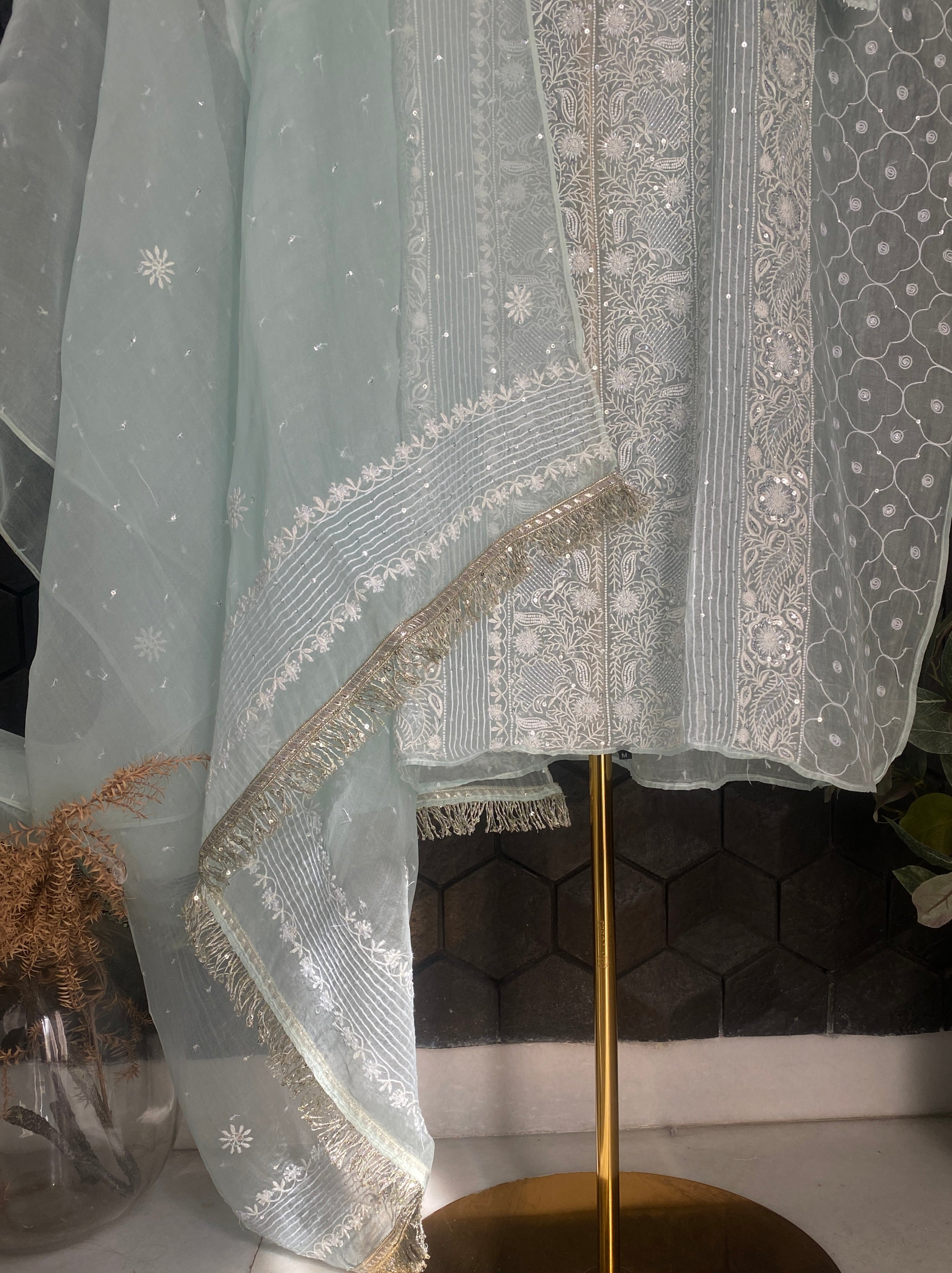 Blue Organza Chikankari Kurta Set