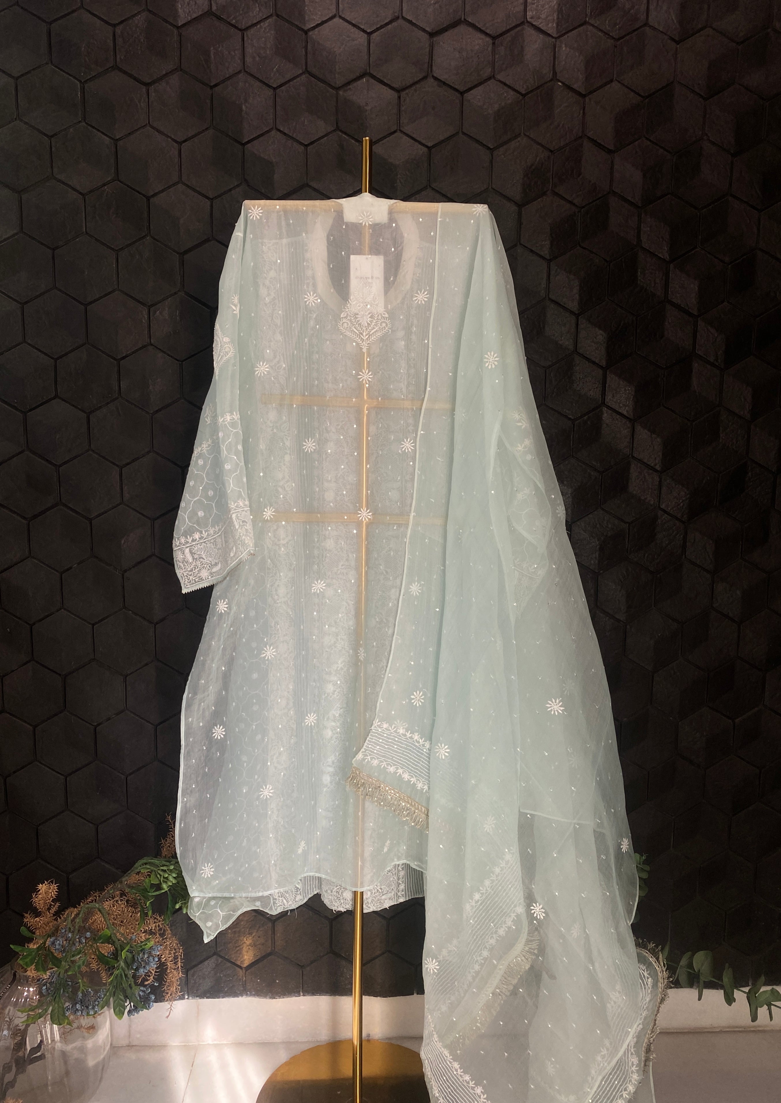 Blue Organza Chikankari Kurta Set