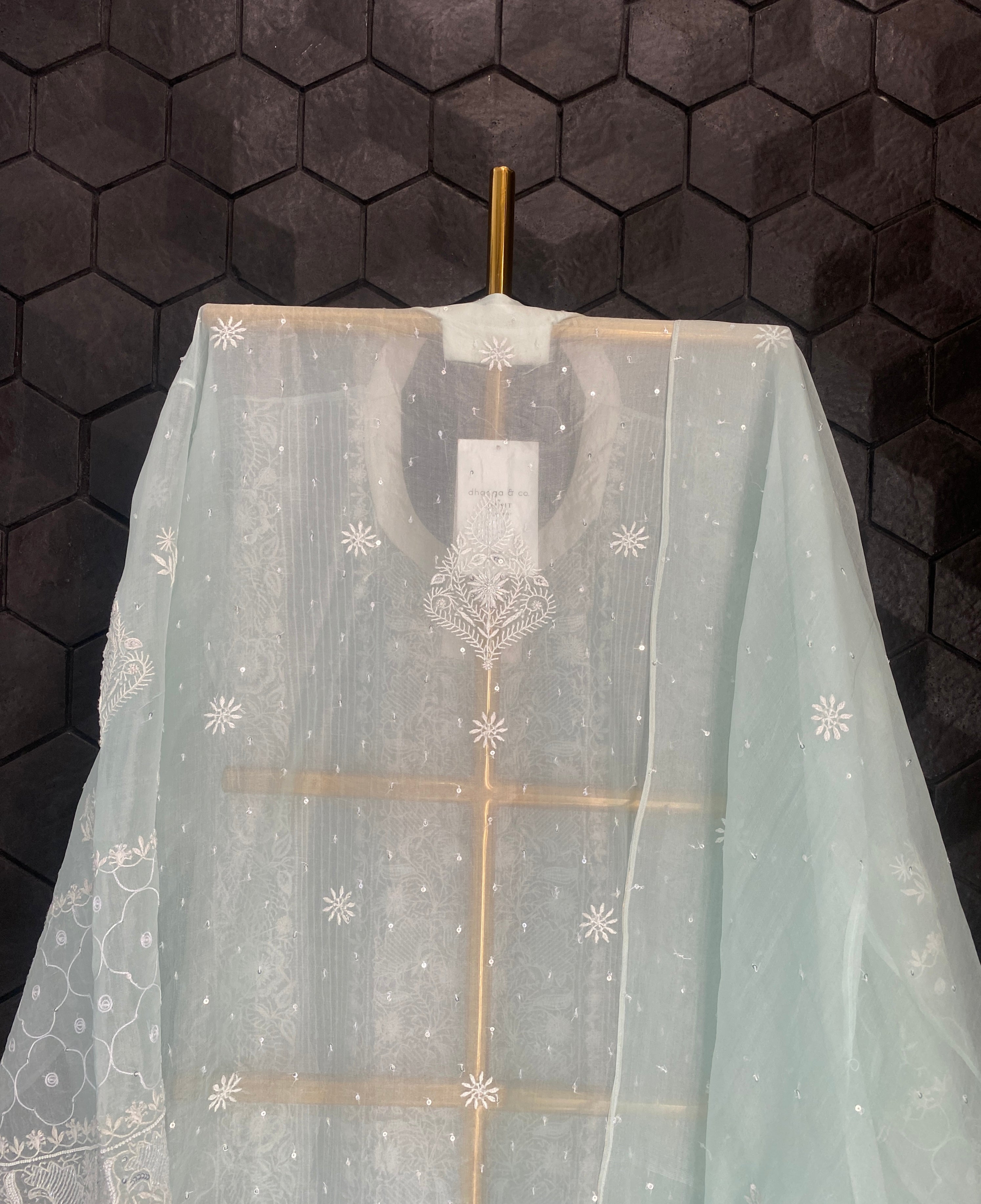 Blue Organza Chikankari Kurta Set