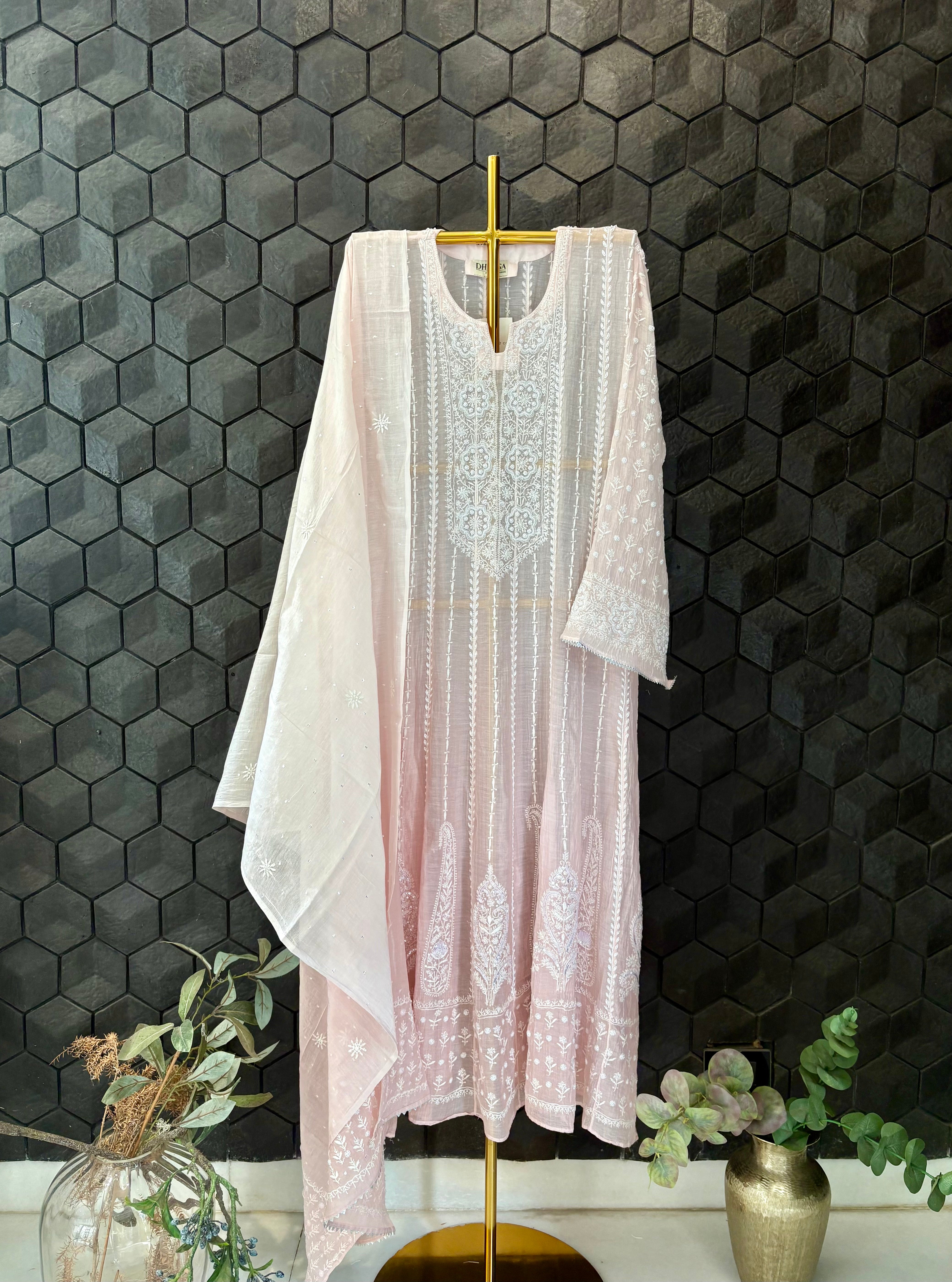 Pink Mul Chanderi Anarkali Set