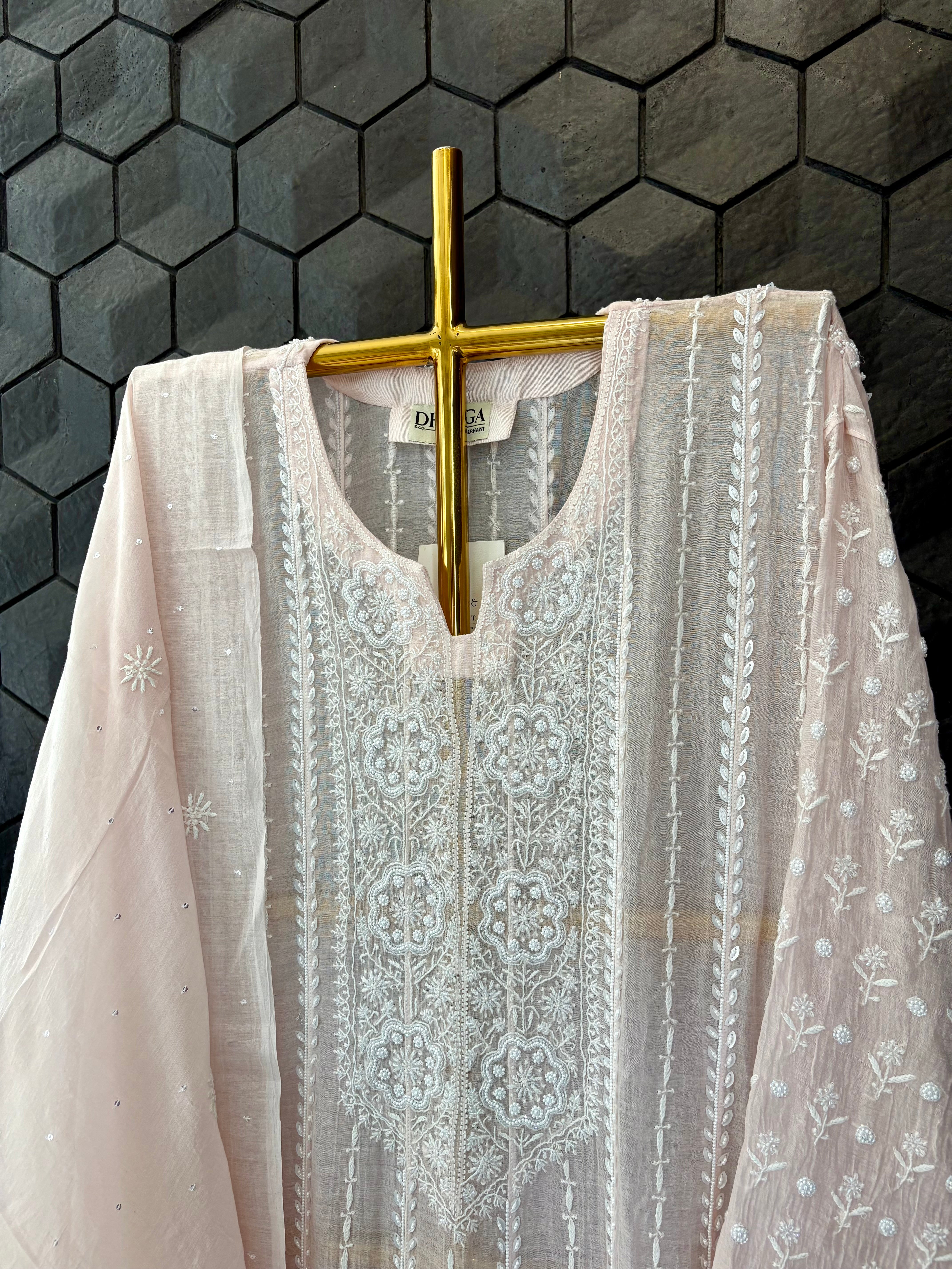 Pink Mul Chanderi Anarkali Set