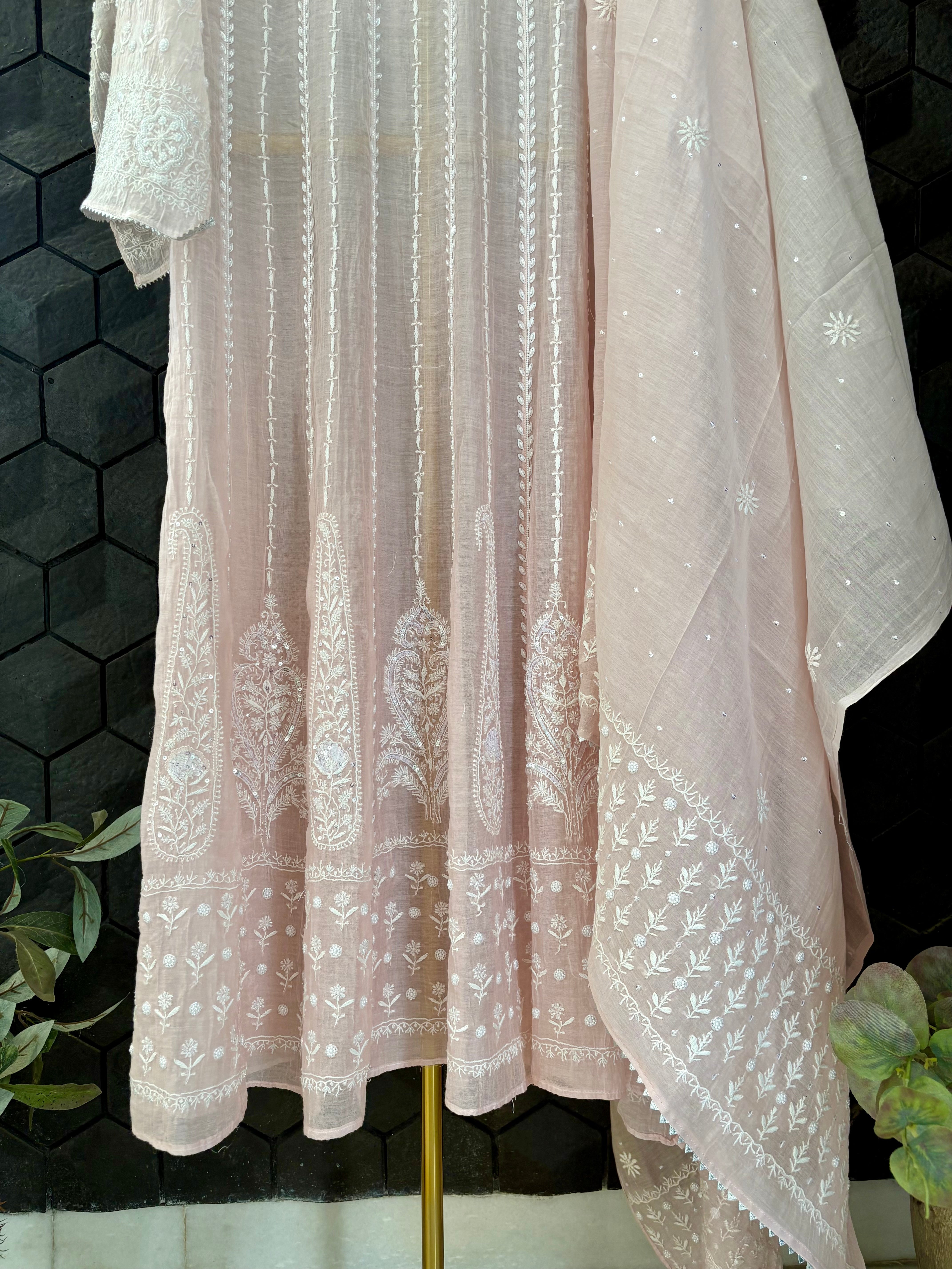 Pink Mul Chanderi Anarkali Set