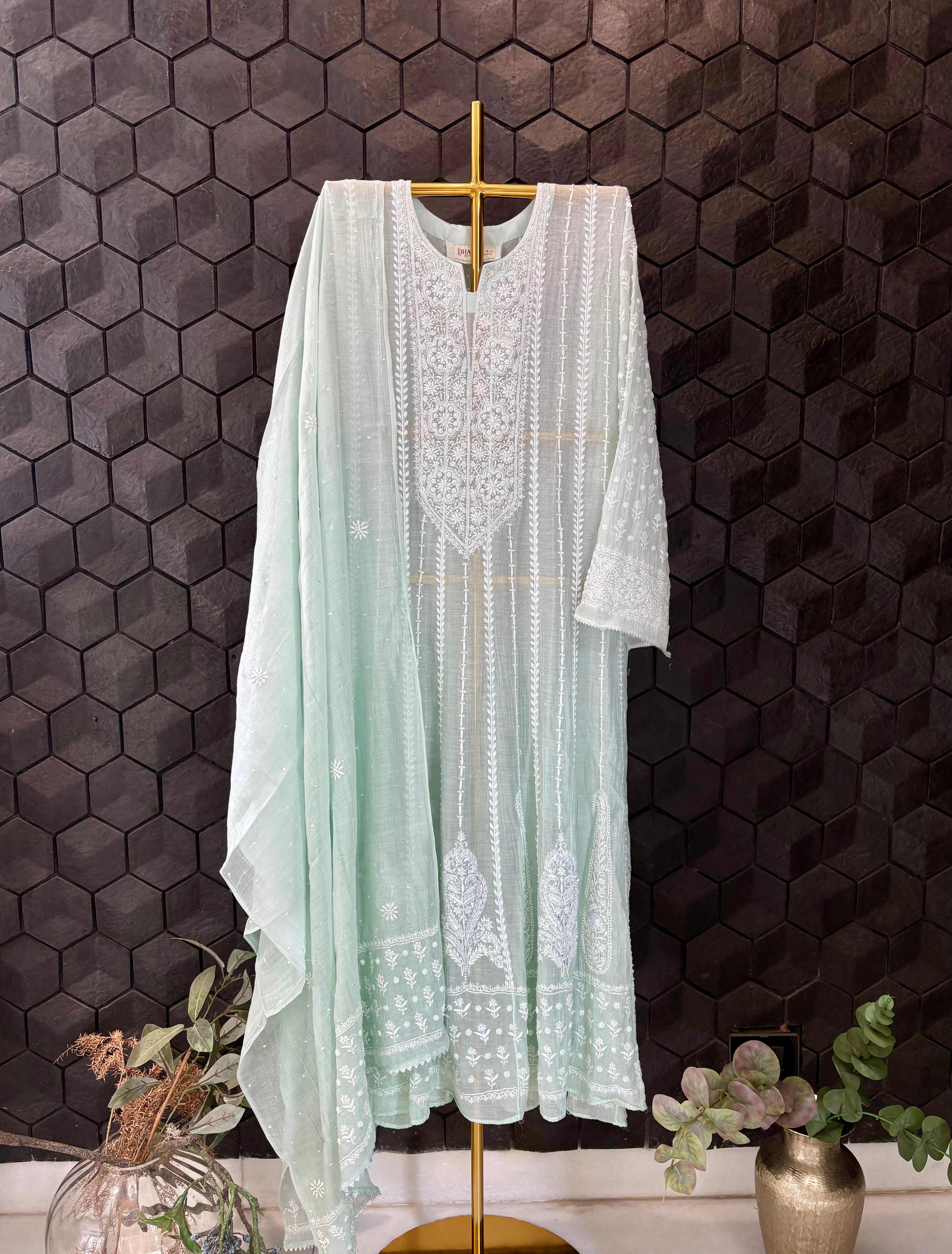 Sea Green Mul Chanderi Anarkali Set