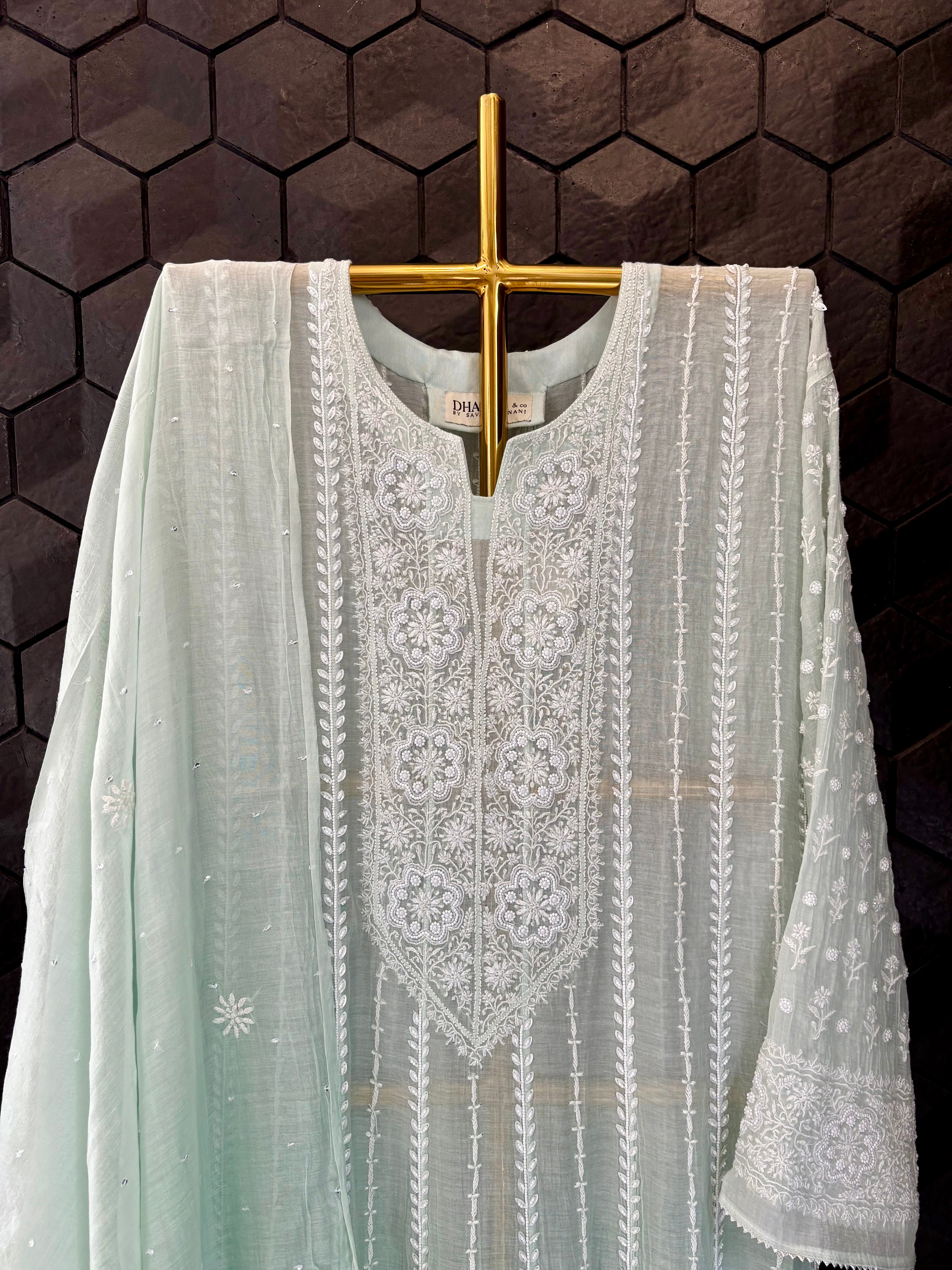 Sea Green Mul Chanderi Anarkali Set