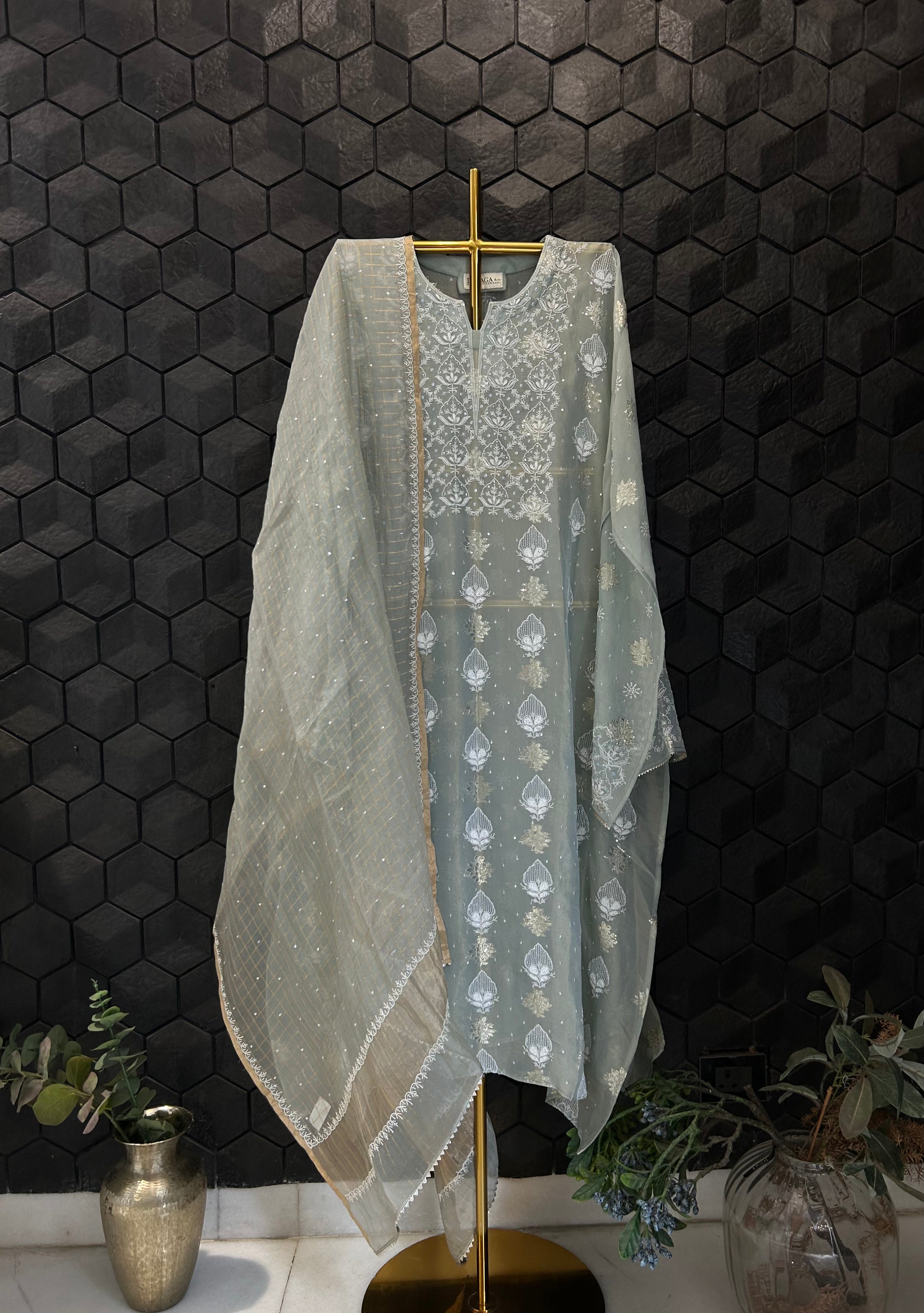 Sage Green Shimmer Organza Chikankari Kurta Set