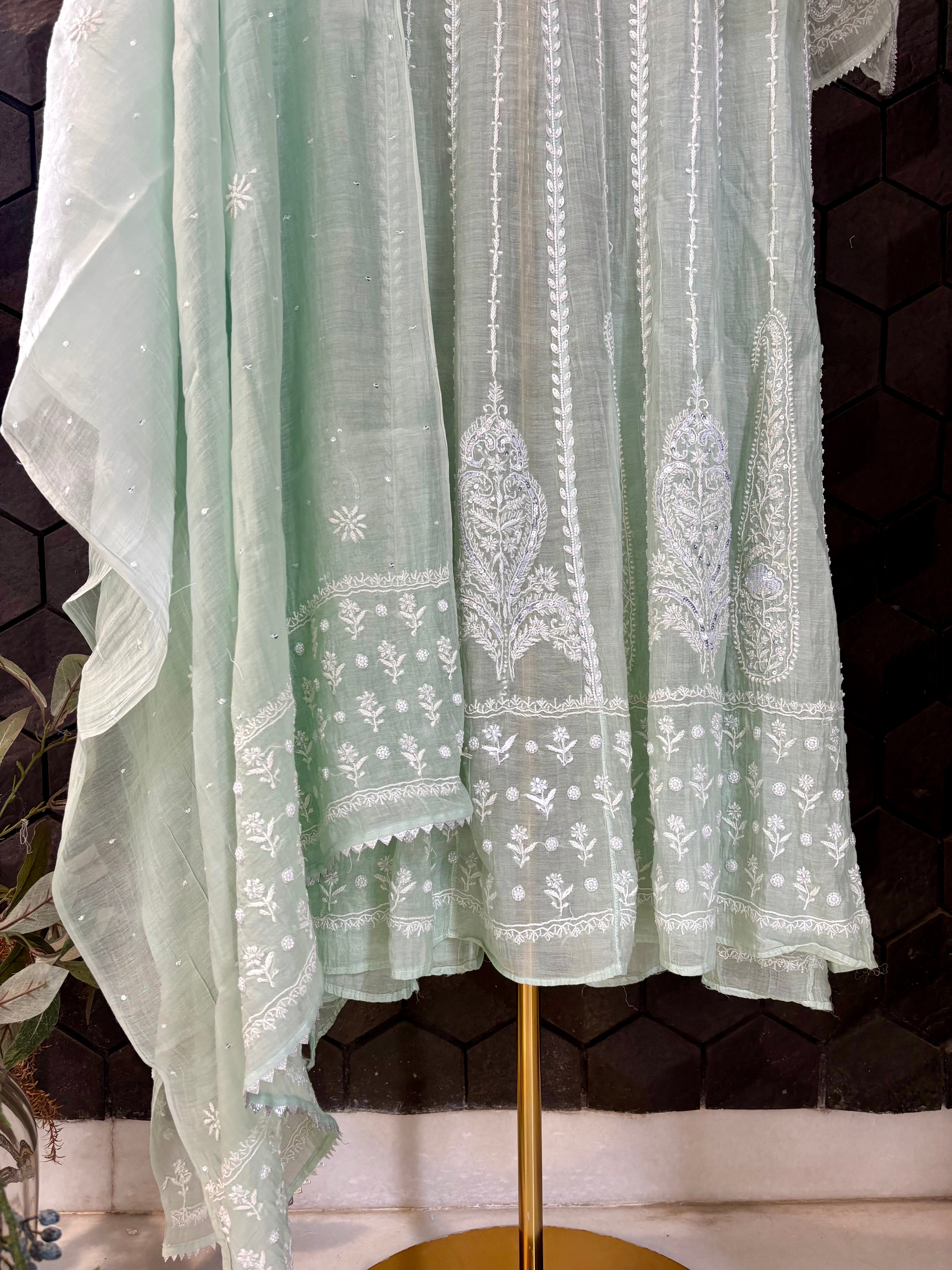 Sea Green Mul Chanderi Anarkali Set