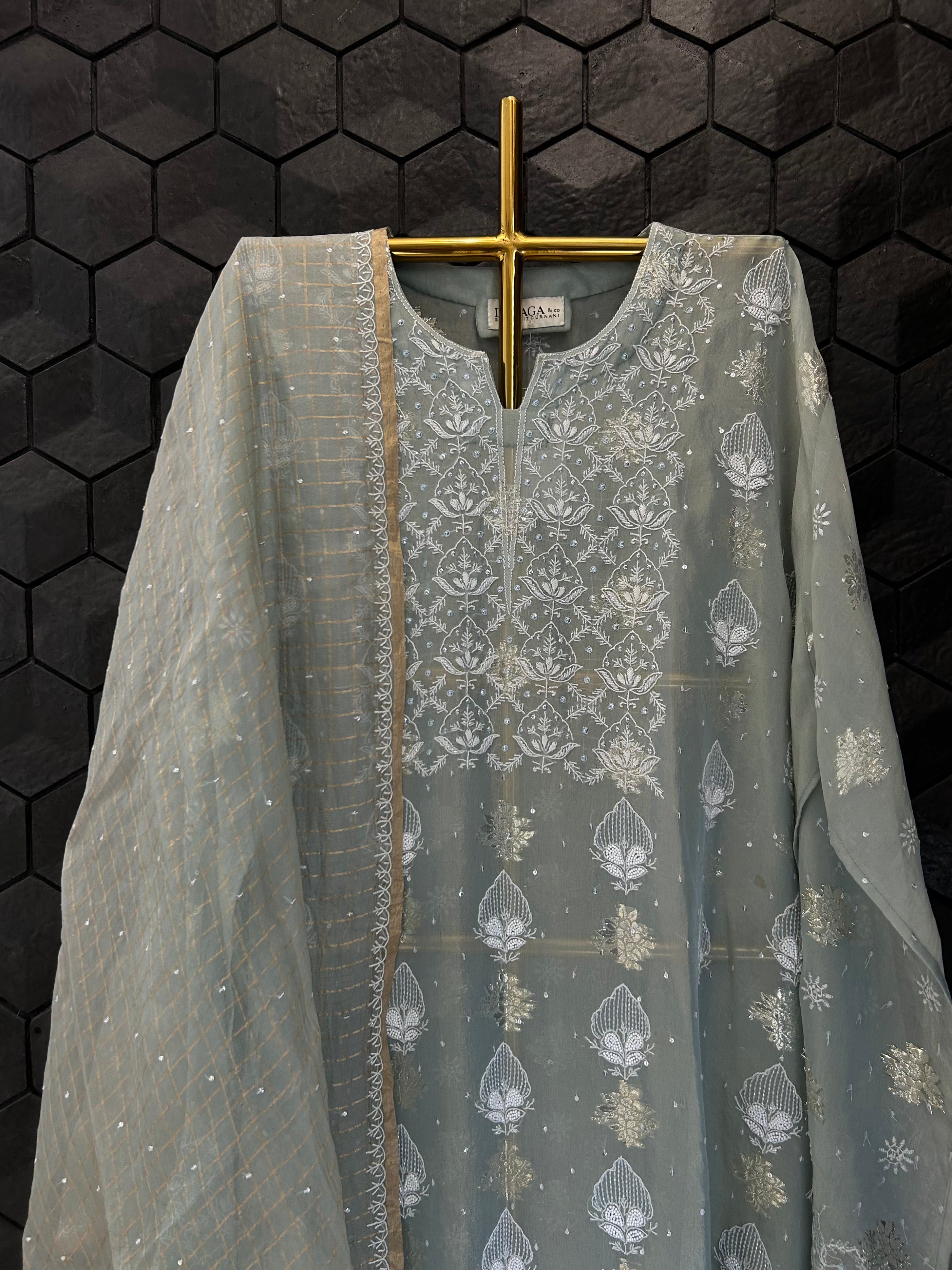 Sage Green Shimmer Organza Chikankari Kurta Set