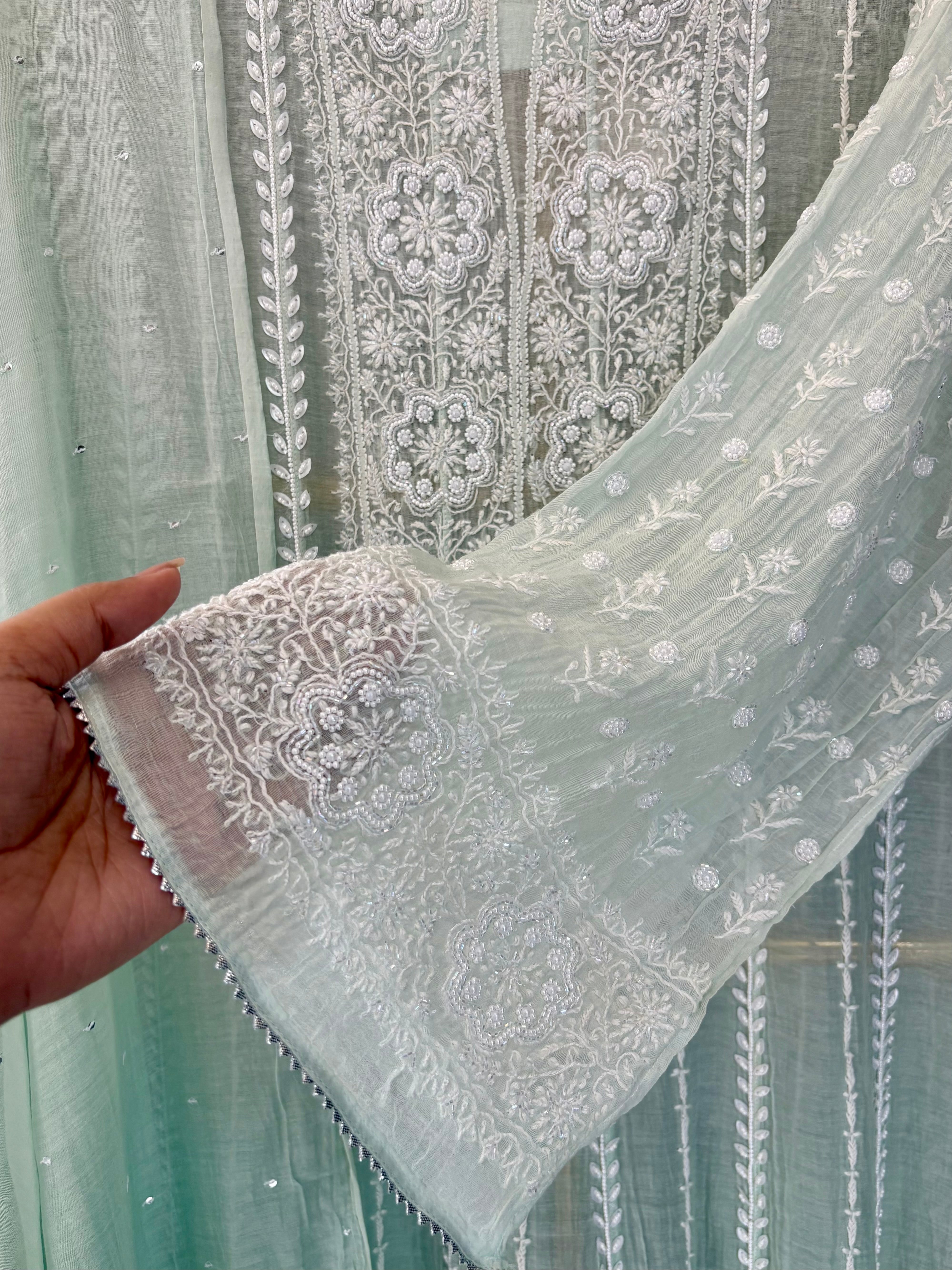 Sea Green Mul Chanderi Anarkali Set