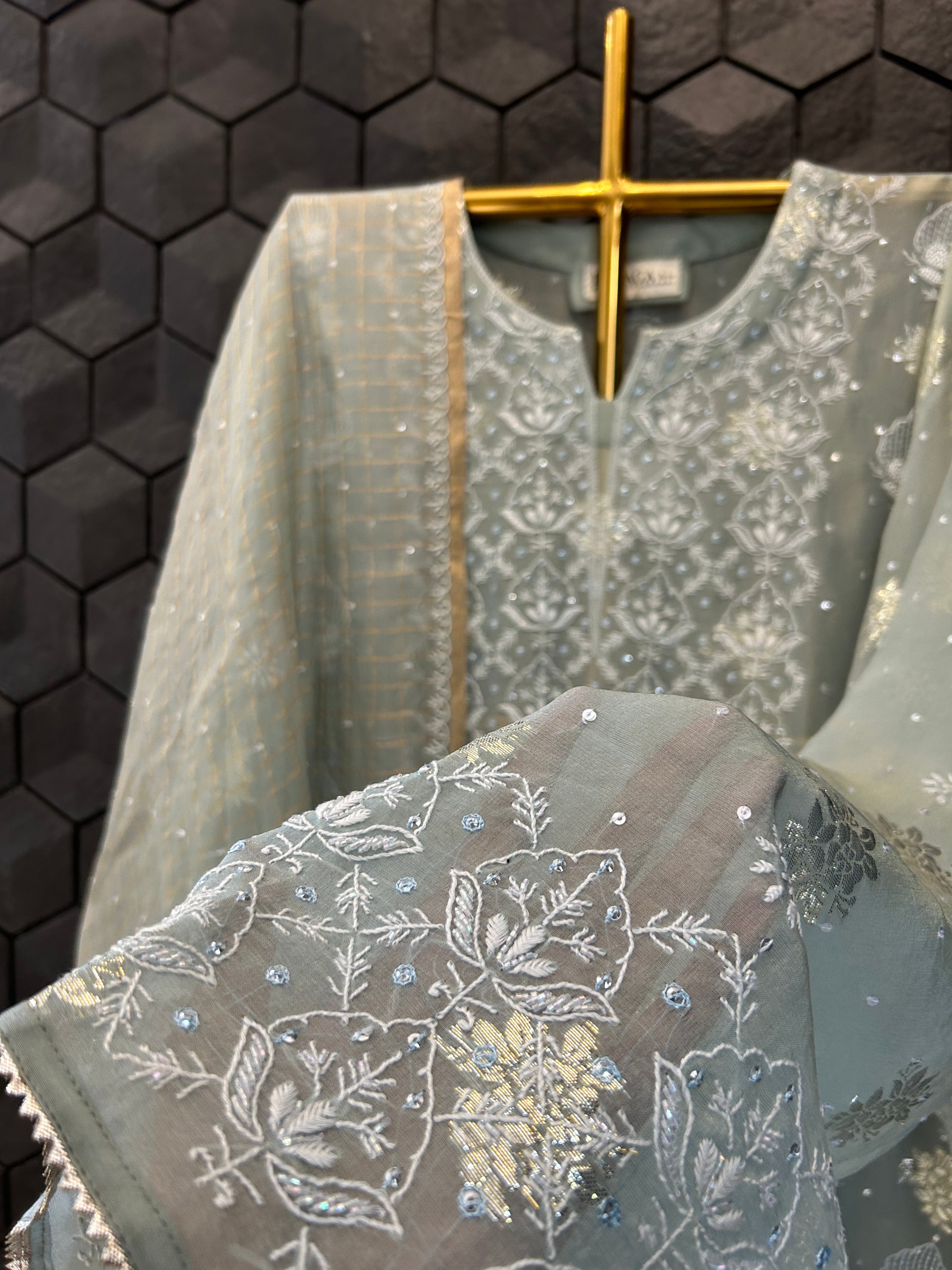 Sage Green Shimmer Organza Chikankari Kurta Set
