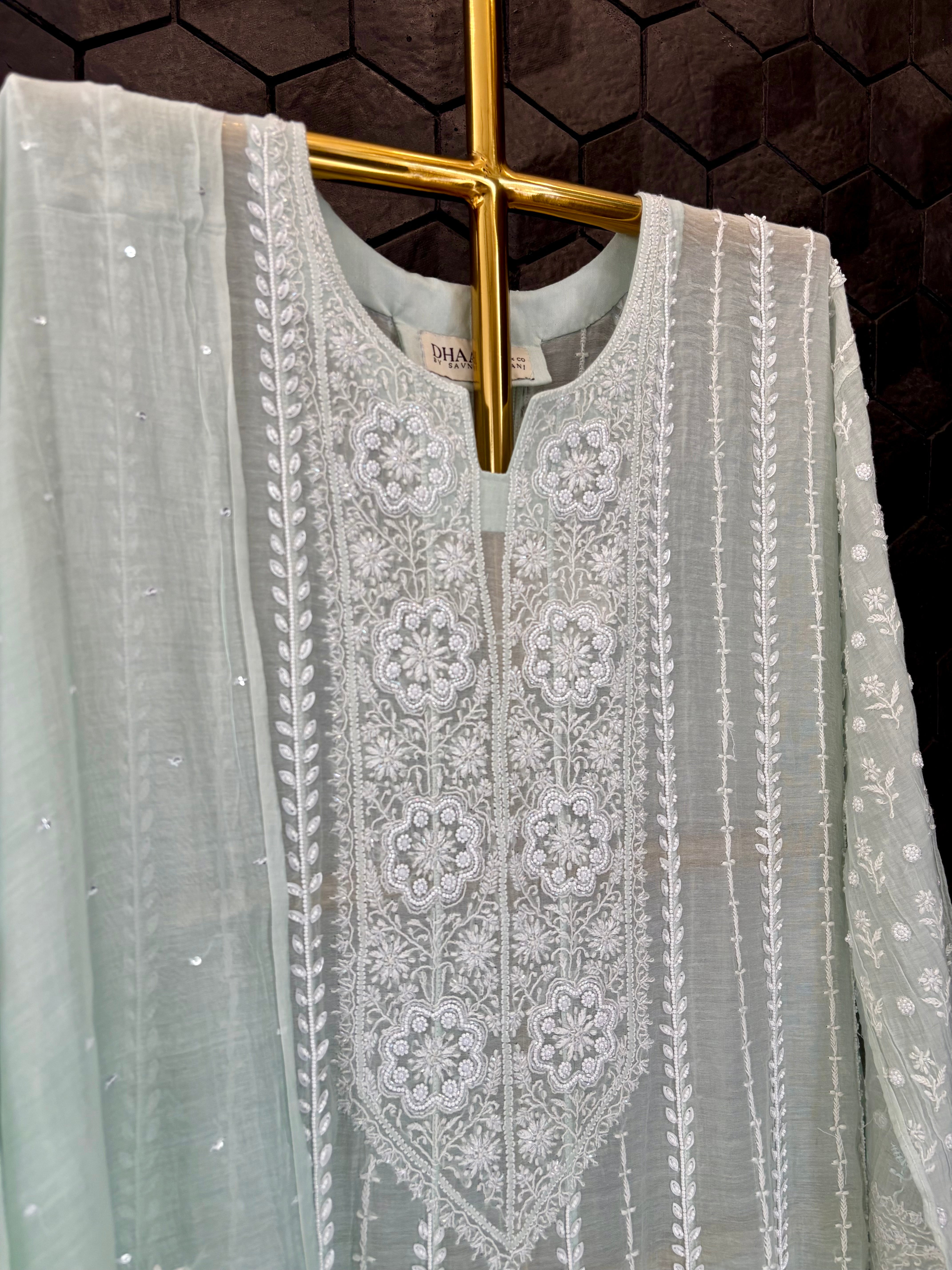 Sea Green Mul Chanderi Anarkali Set