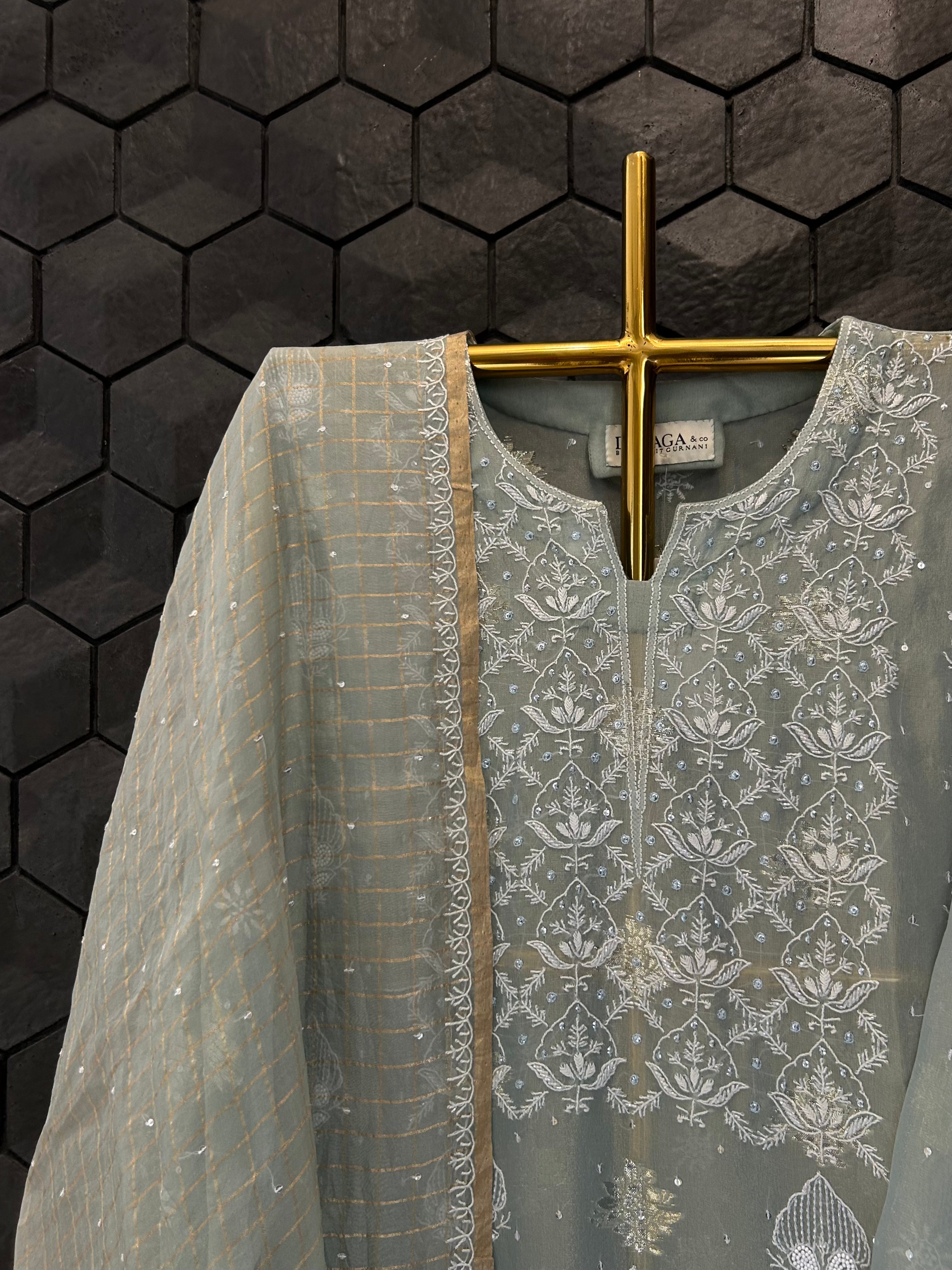 Sage Green Shimmer Organza Chikankari Kurta Set