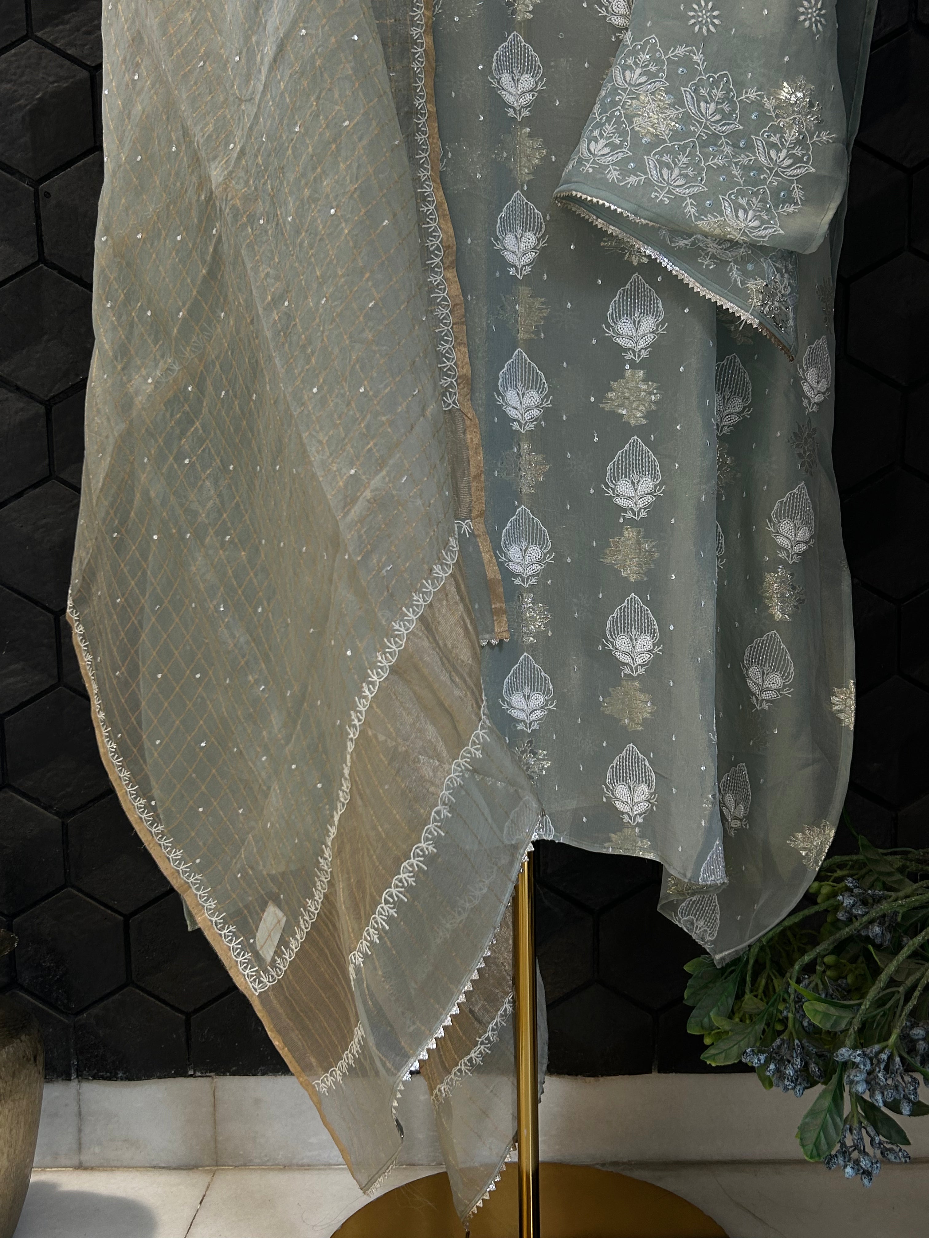 Sage Green Shimmer Organza Chikankari Kurta Set