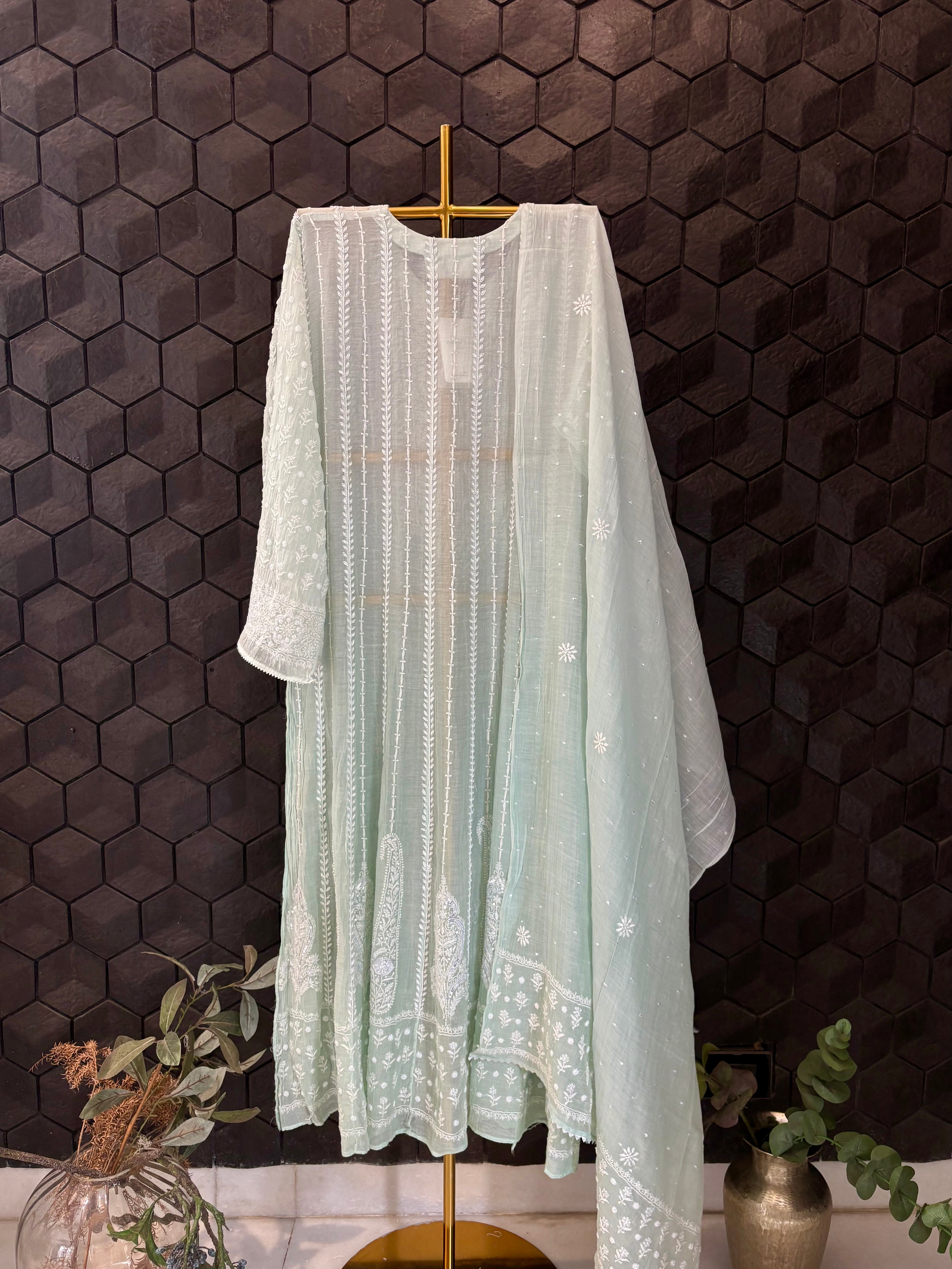 Sea Green Mul Chanderi Anarkali Set