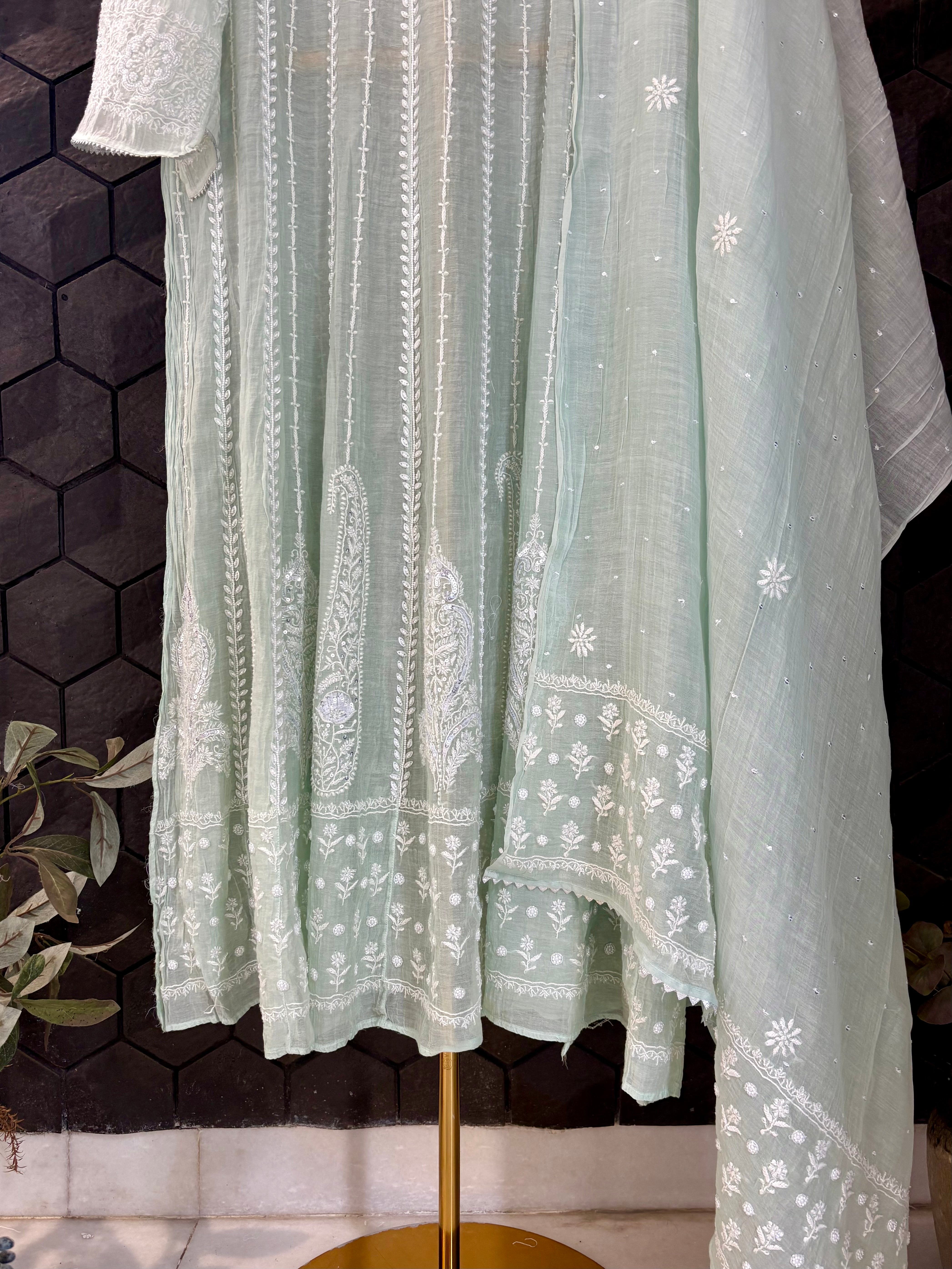 Sea Green Mul Chanderi Anarkali Set