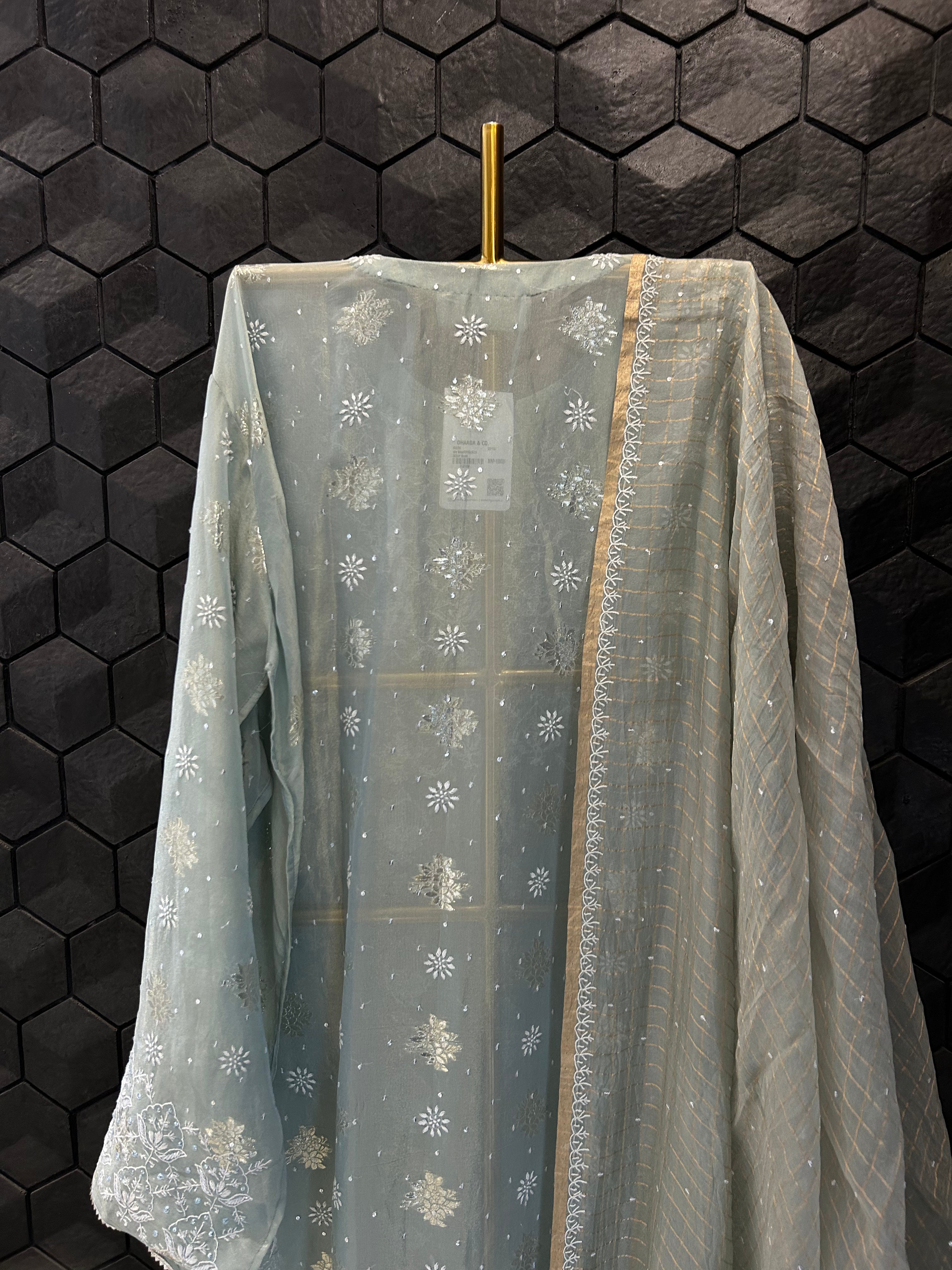Sage Green Shimmer Organza Chikankari Kurta Set