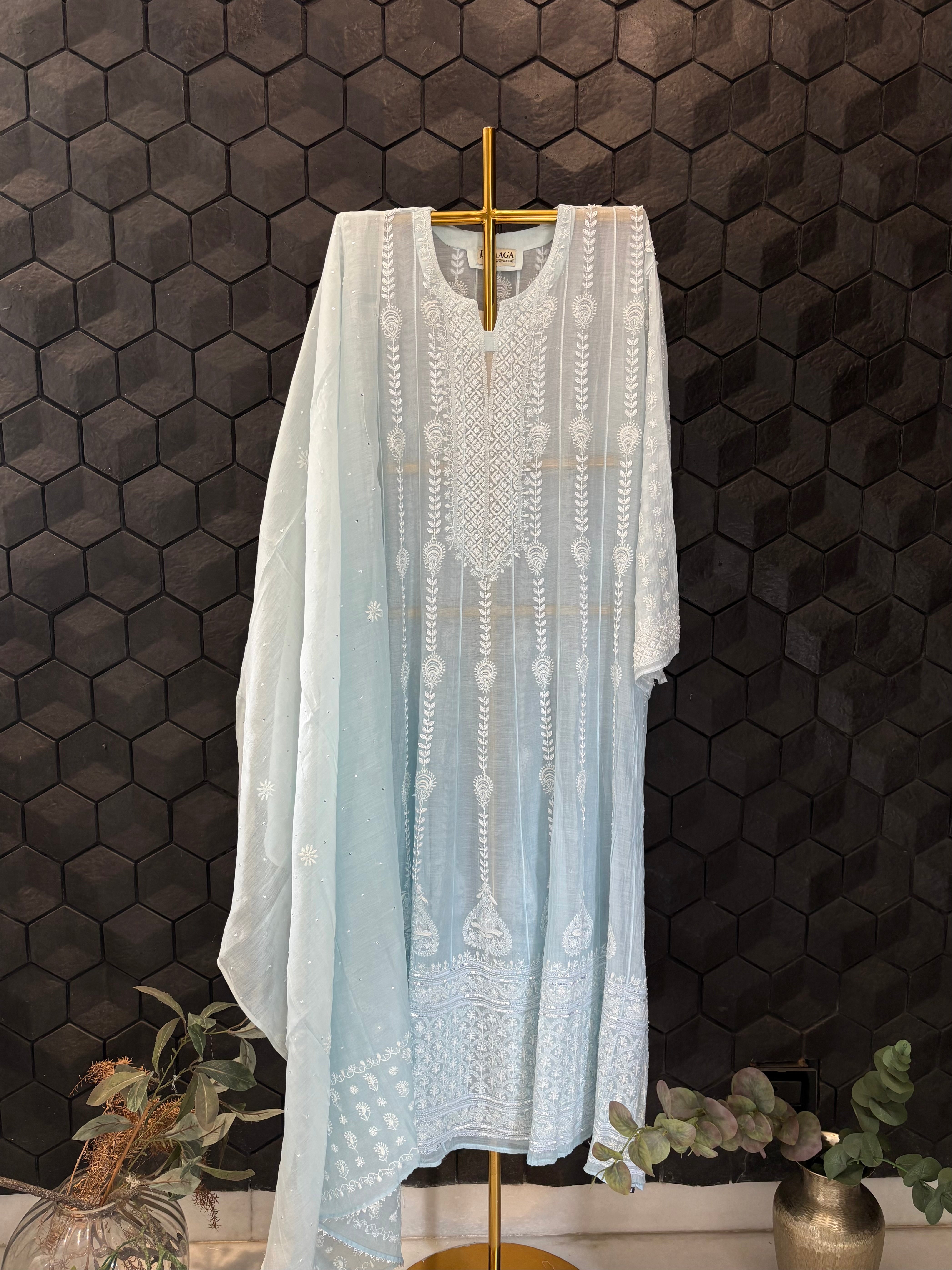 Ombre Blue Mul Chanderi Anarkali Set