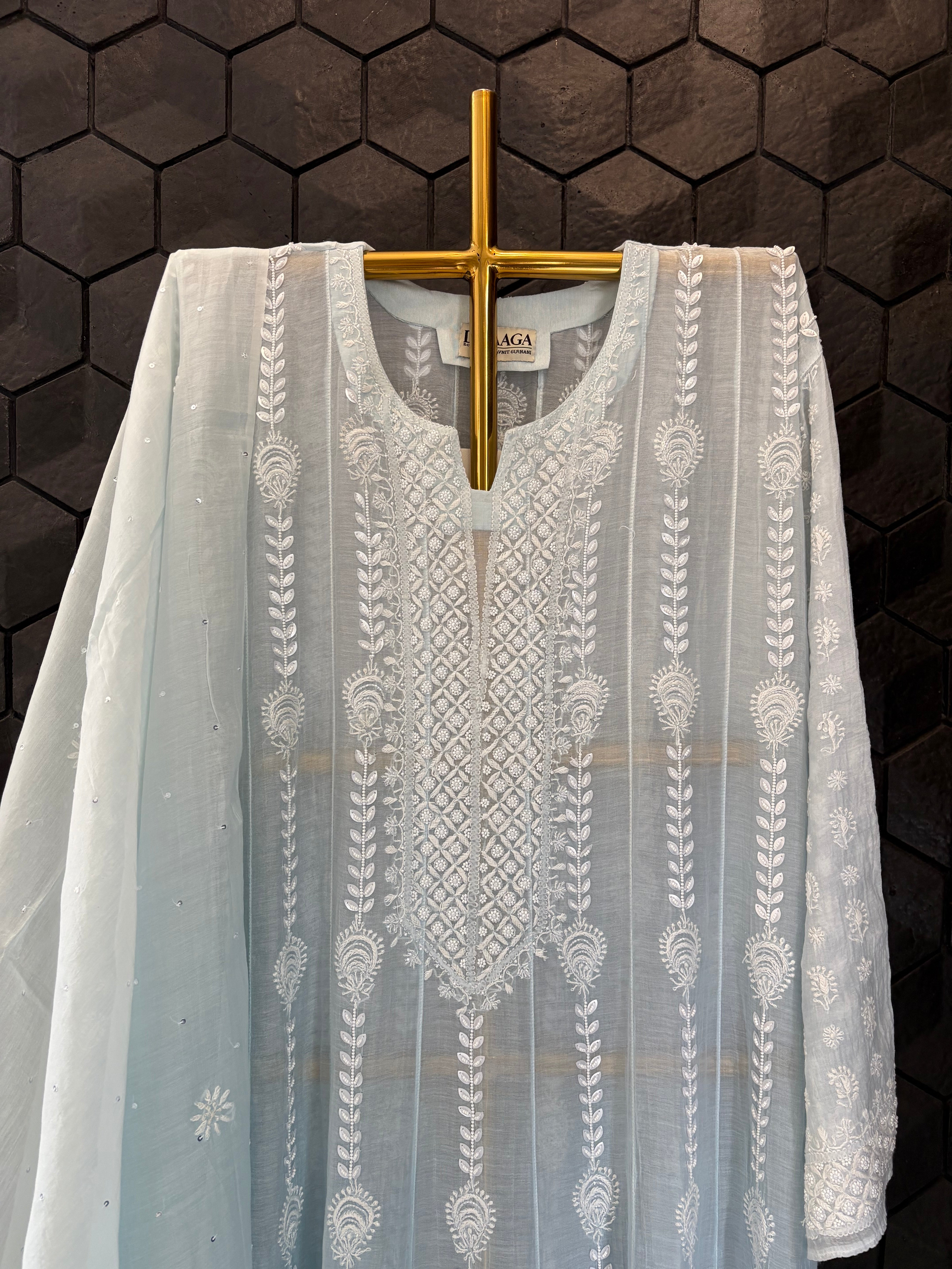 Ombre Blue Mul Chanderi Anarkali Set