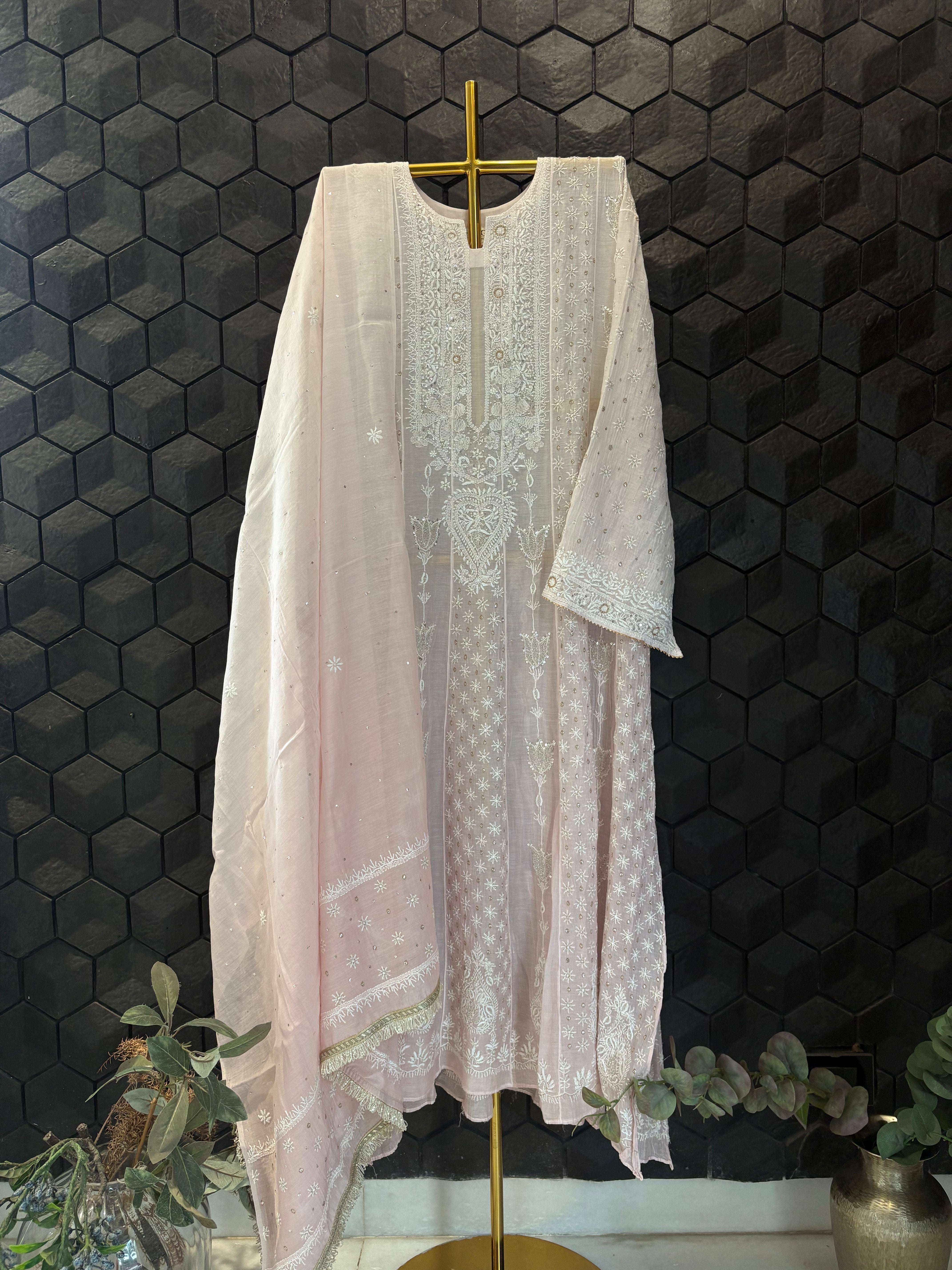 Pink Mul Chanderi Chikankari Anarkali Set