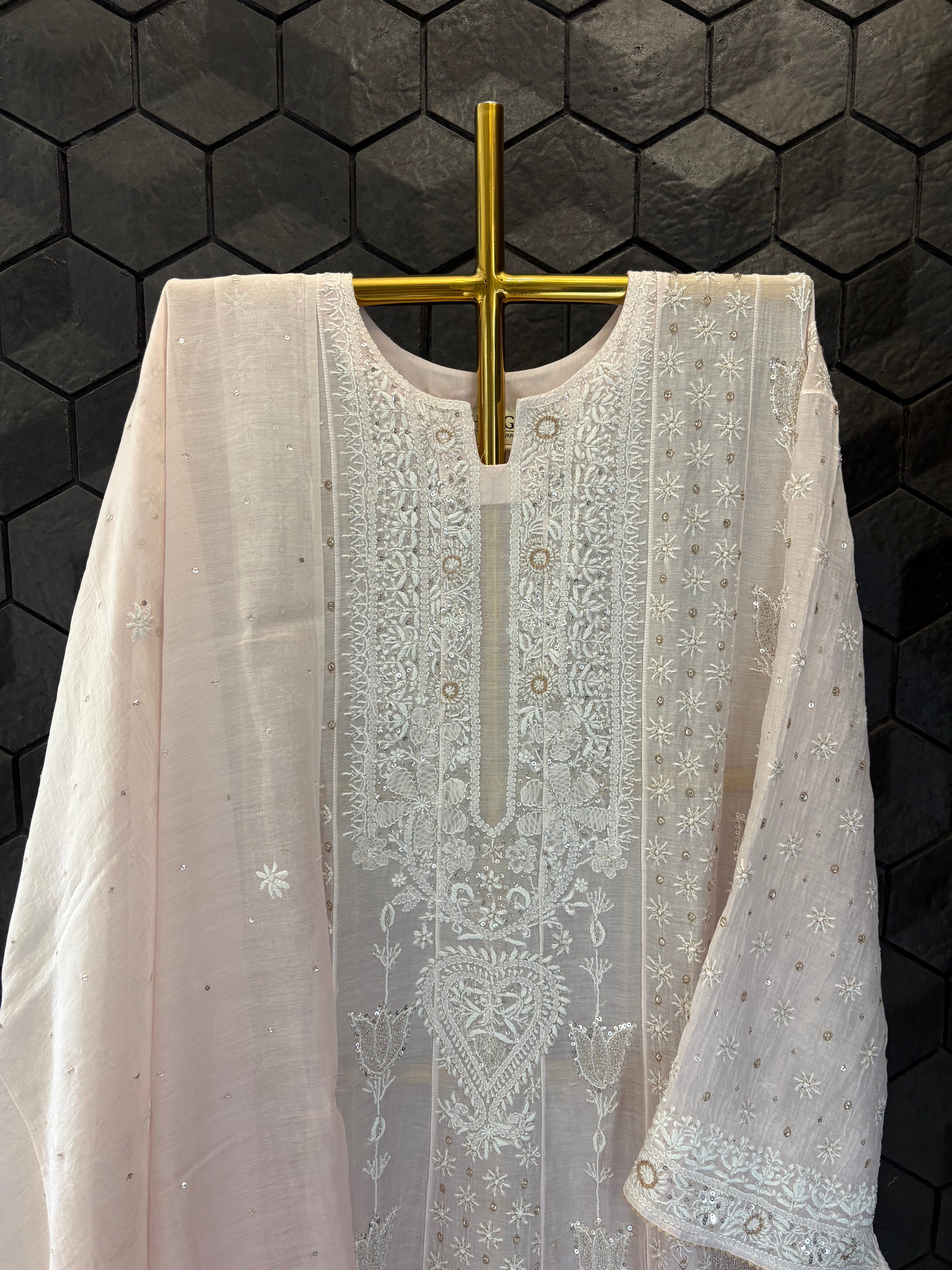 Pink Mul Chanderi Chikankari Anarkali Set