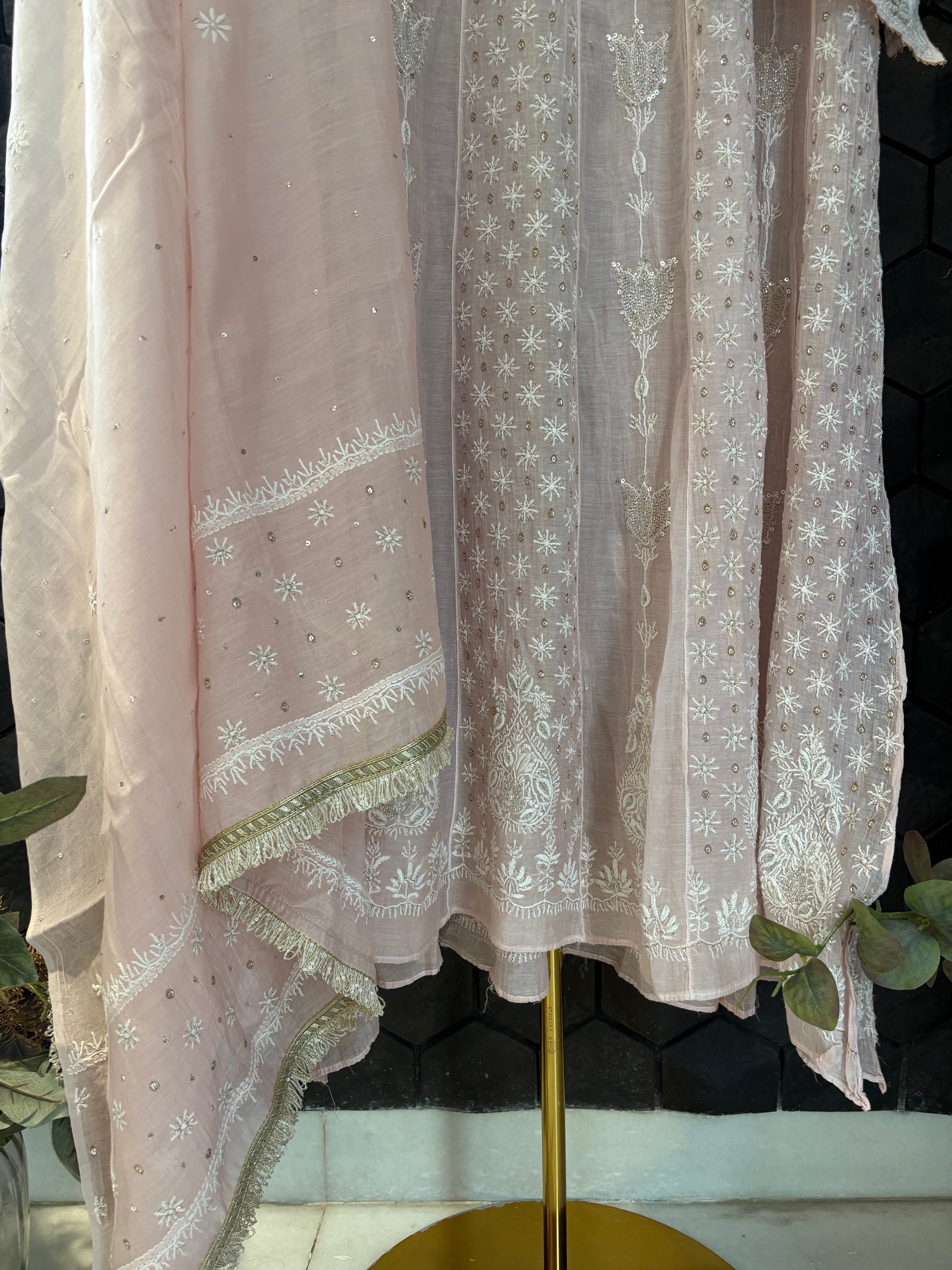Pink Mul Chanderi Chikankari Anarkali Set