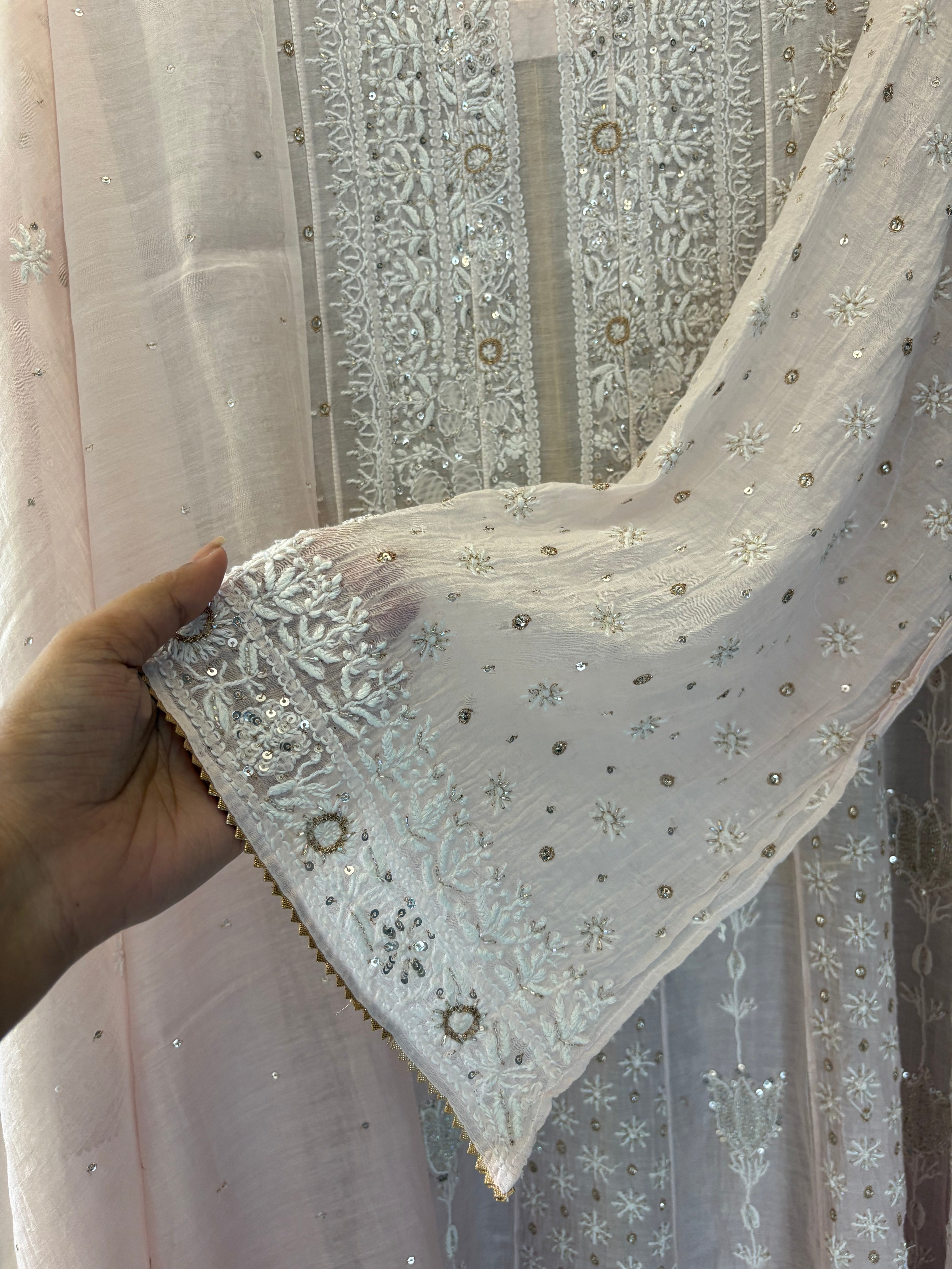 Pink Mul Chanderi Chikankari Anarkali Set