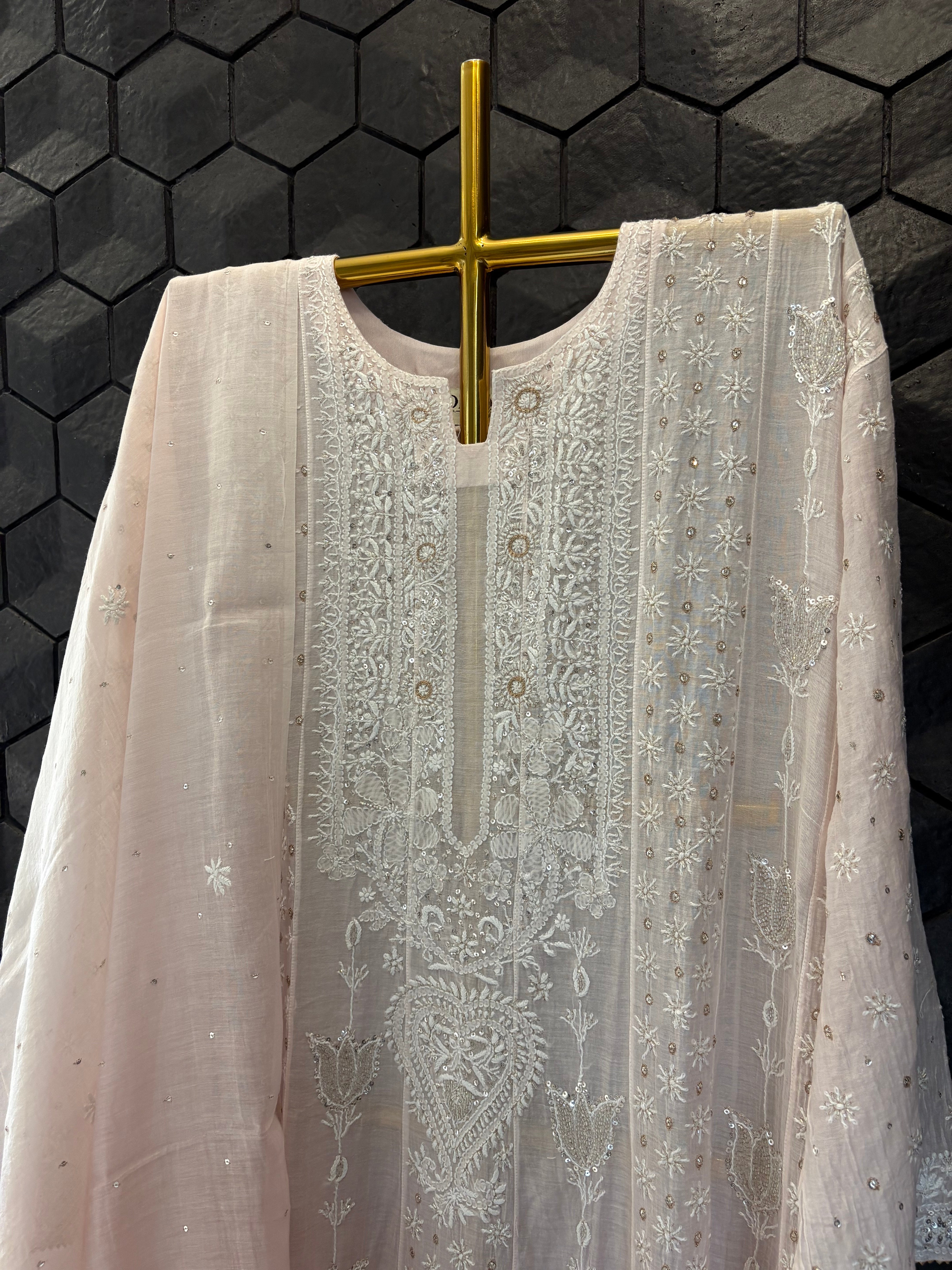 Pink Mul Chanderi Chikankari Anarkali Set