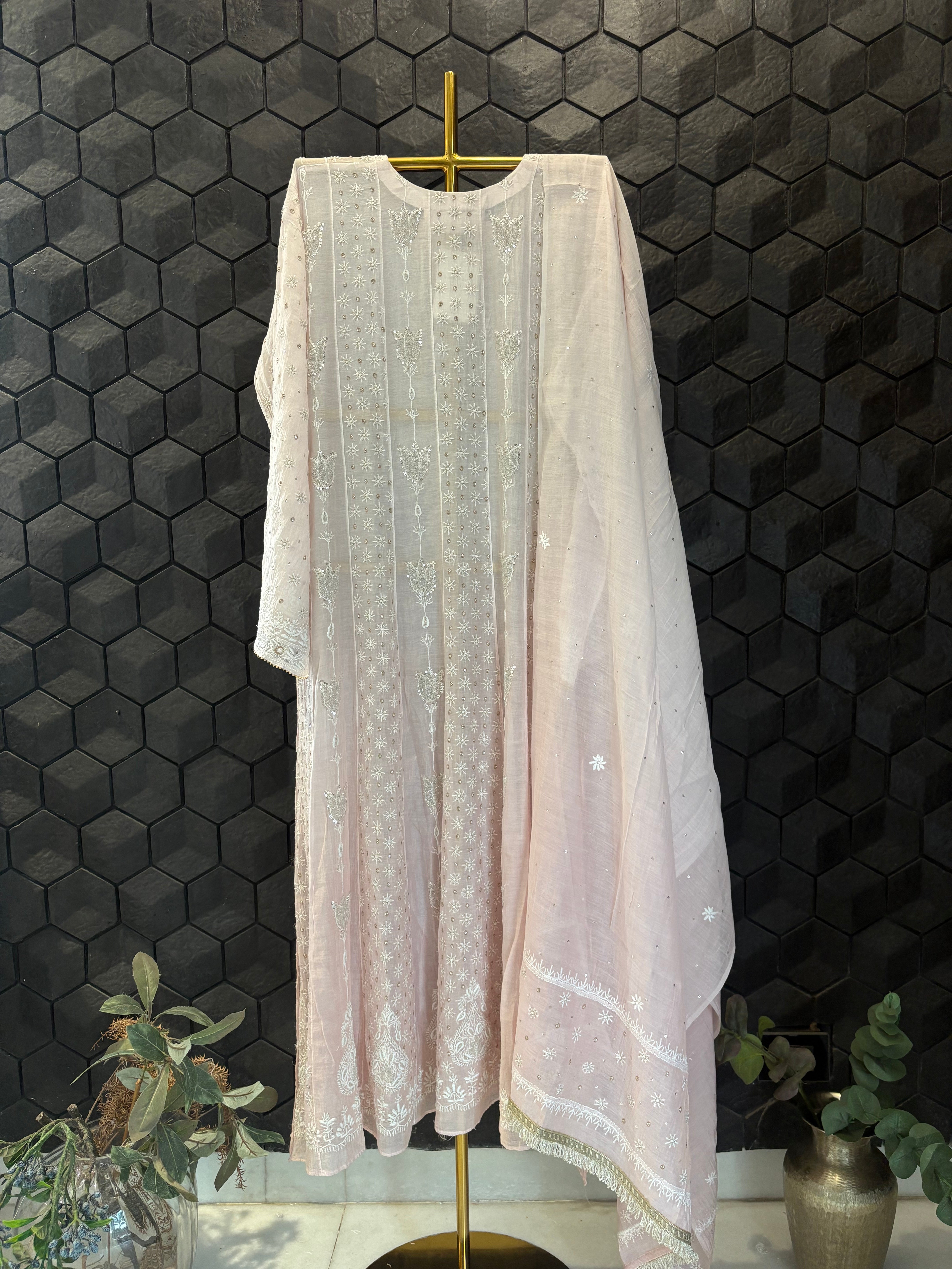 Pink Mul Chanderi Chikankari Anarkali Set