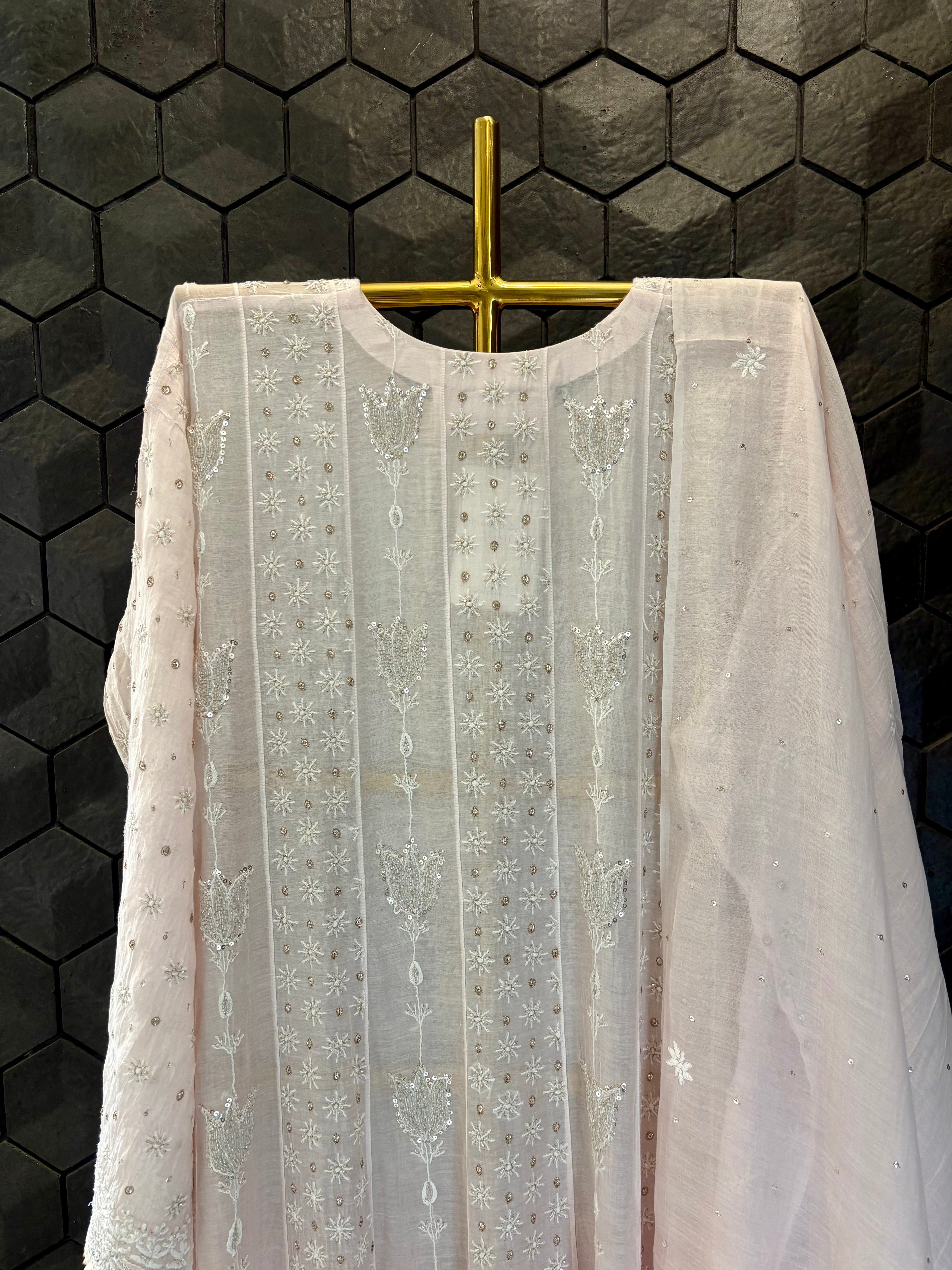 Pink Mul Chanderi Chikankari Anarkali Set