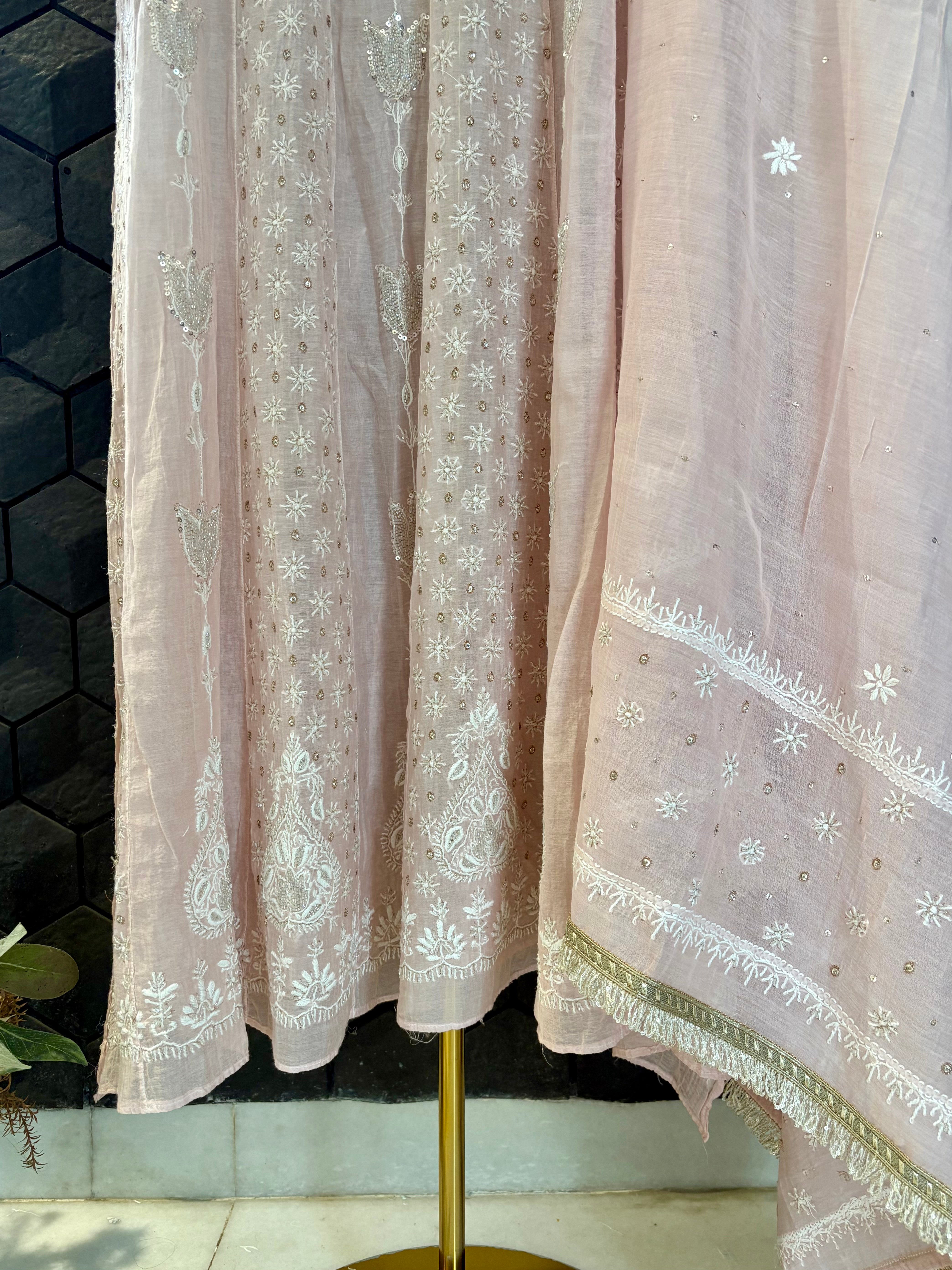 Pink Mul Chanderi Chikankari Anarkali Set