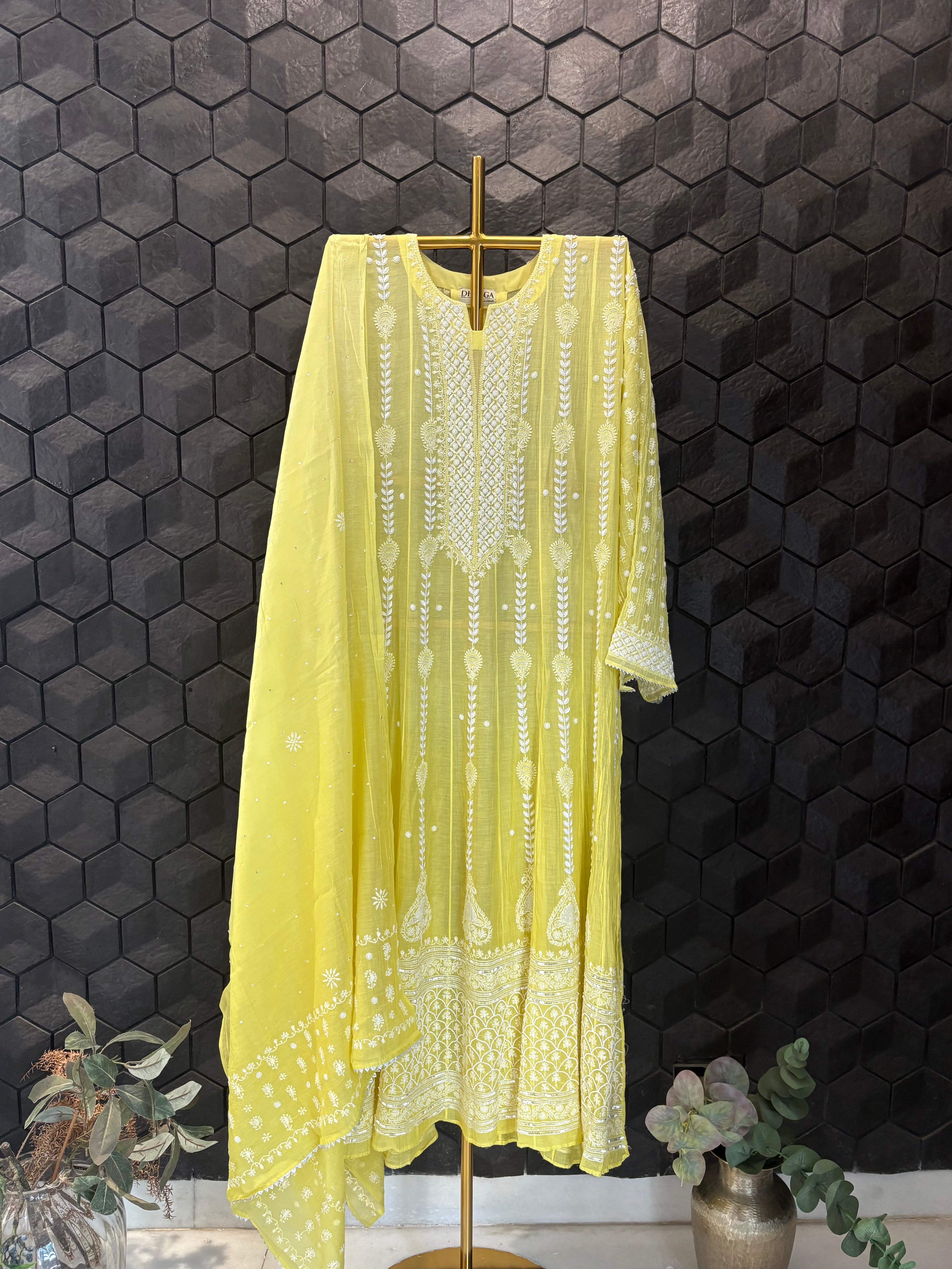 Yellow Mul Chanderi Chikankari Anarkali Set