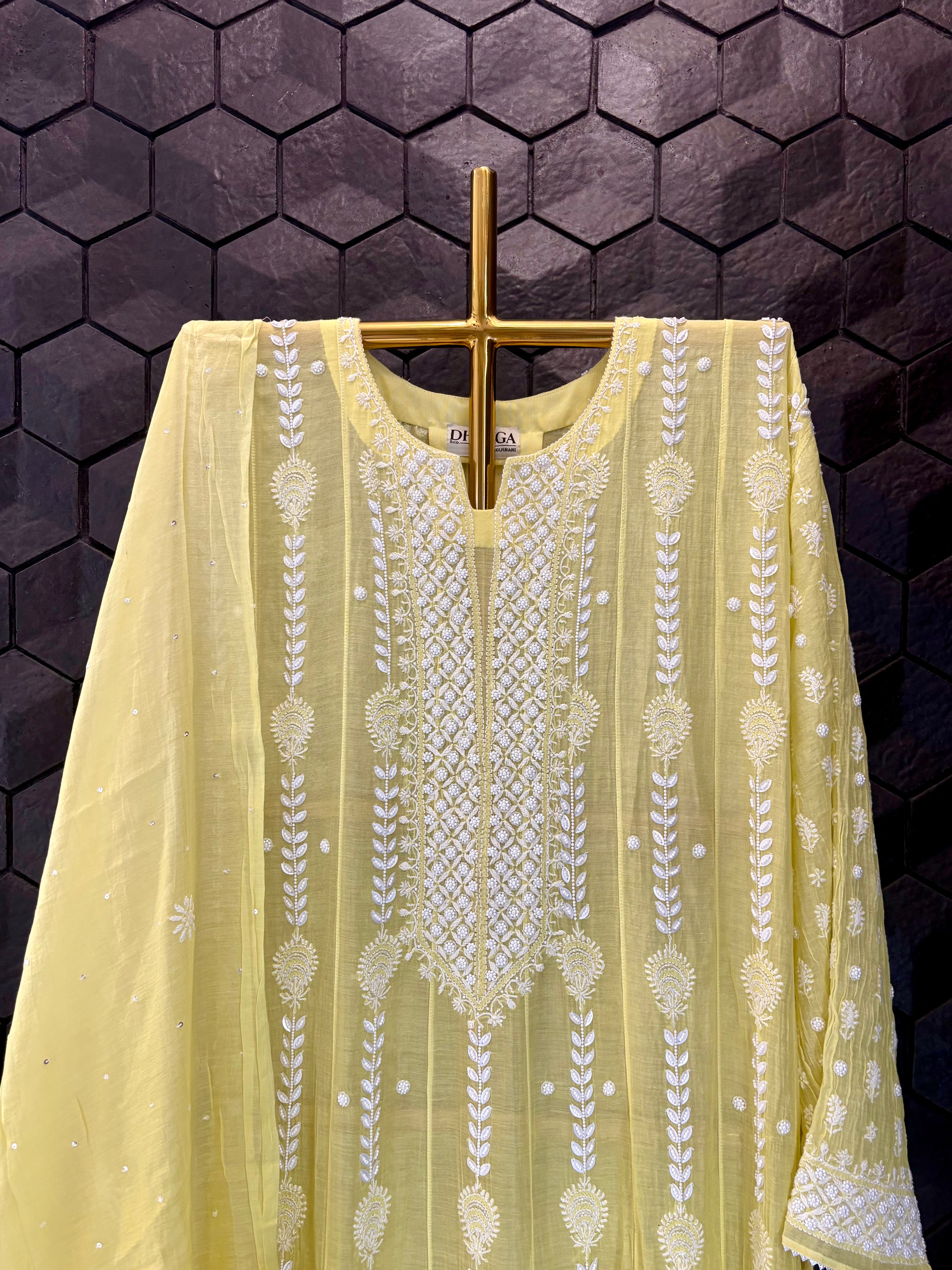 Yellow Mul Chanderi Chikankari Anarkali Set