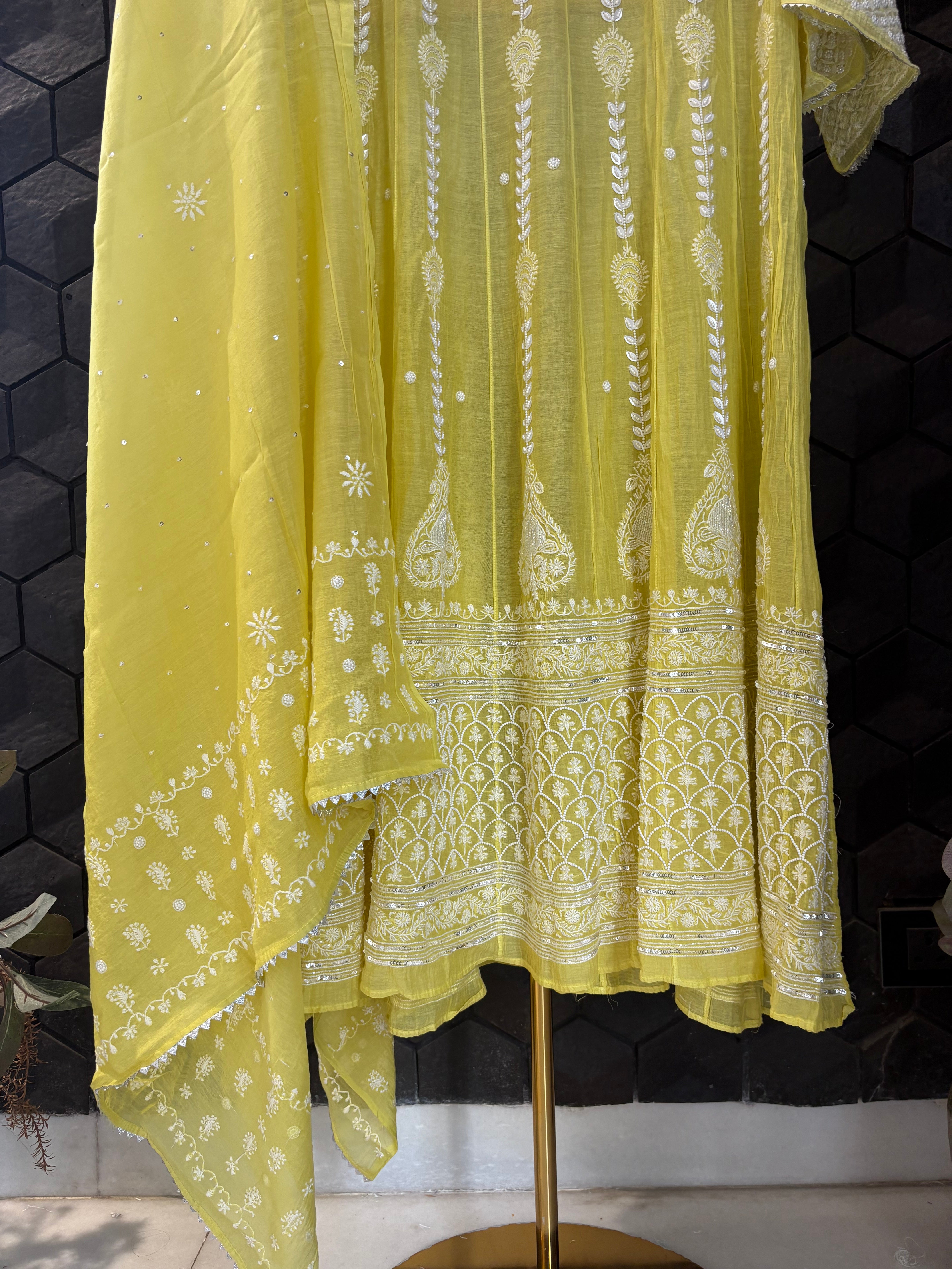 Yellow Mul Chanderi Chikankari Anarkali Set
