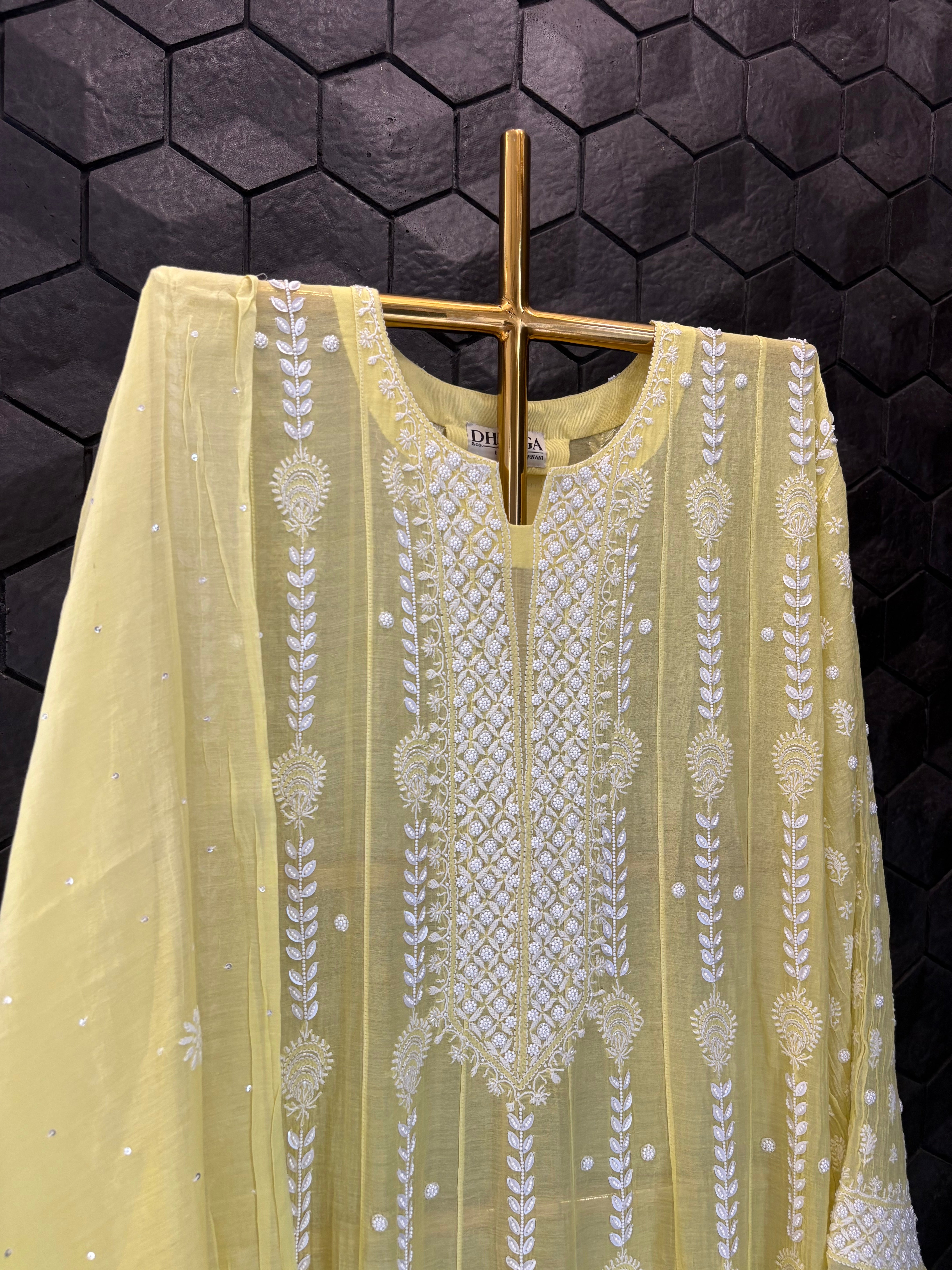 Yellow Mul Chanderi Chikankari Anarkali Set