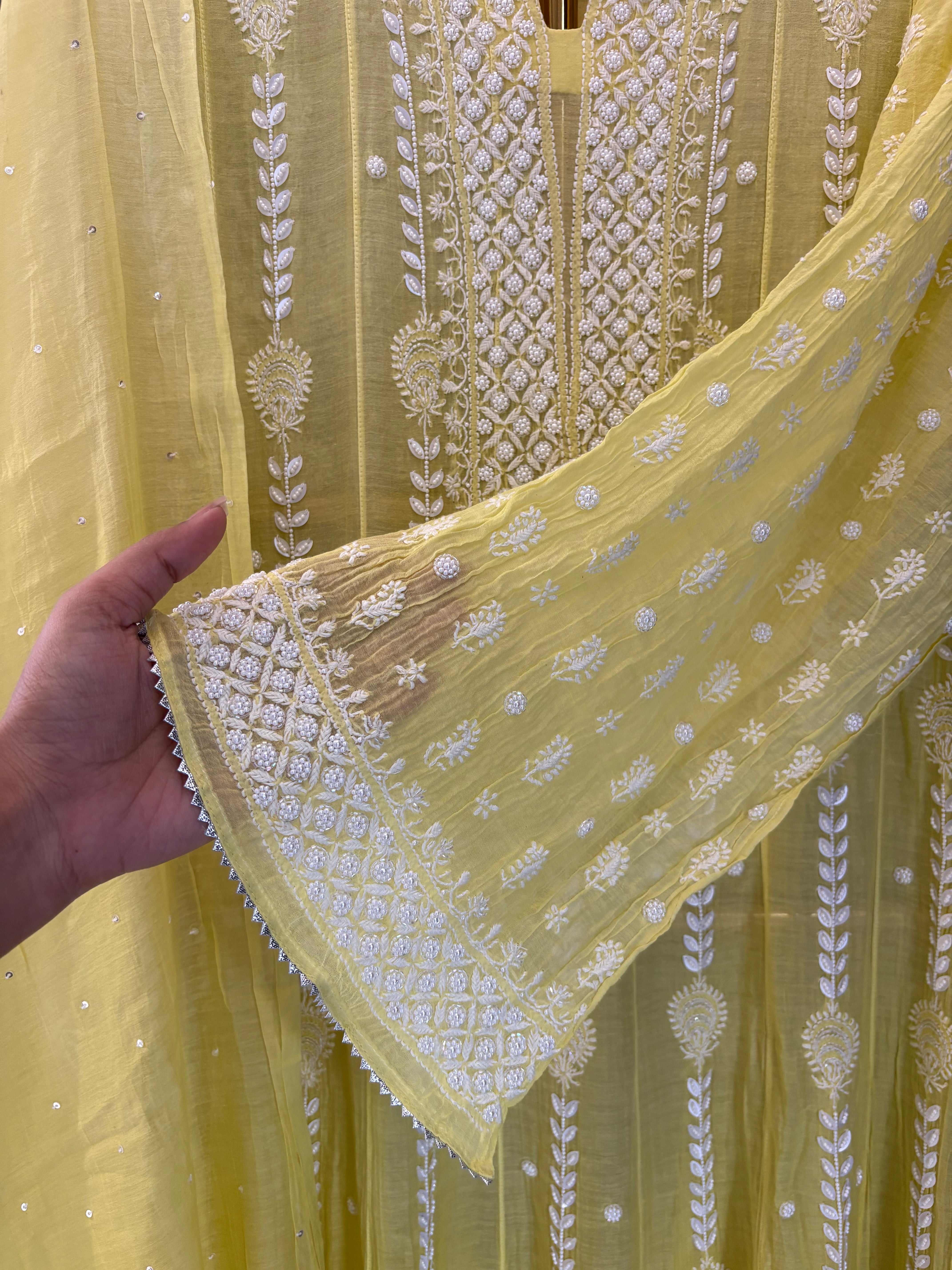 Yellow Mul Chanderi Chikankari Anarkali Set