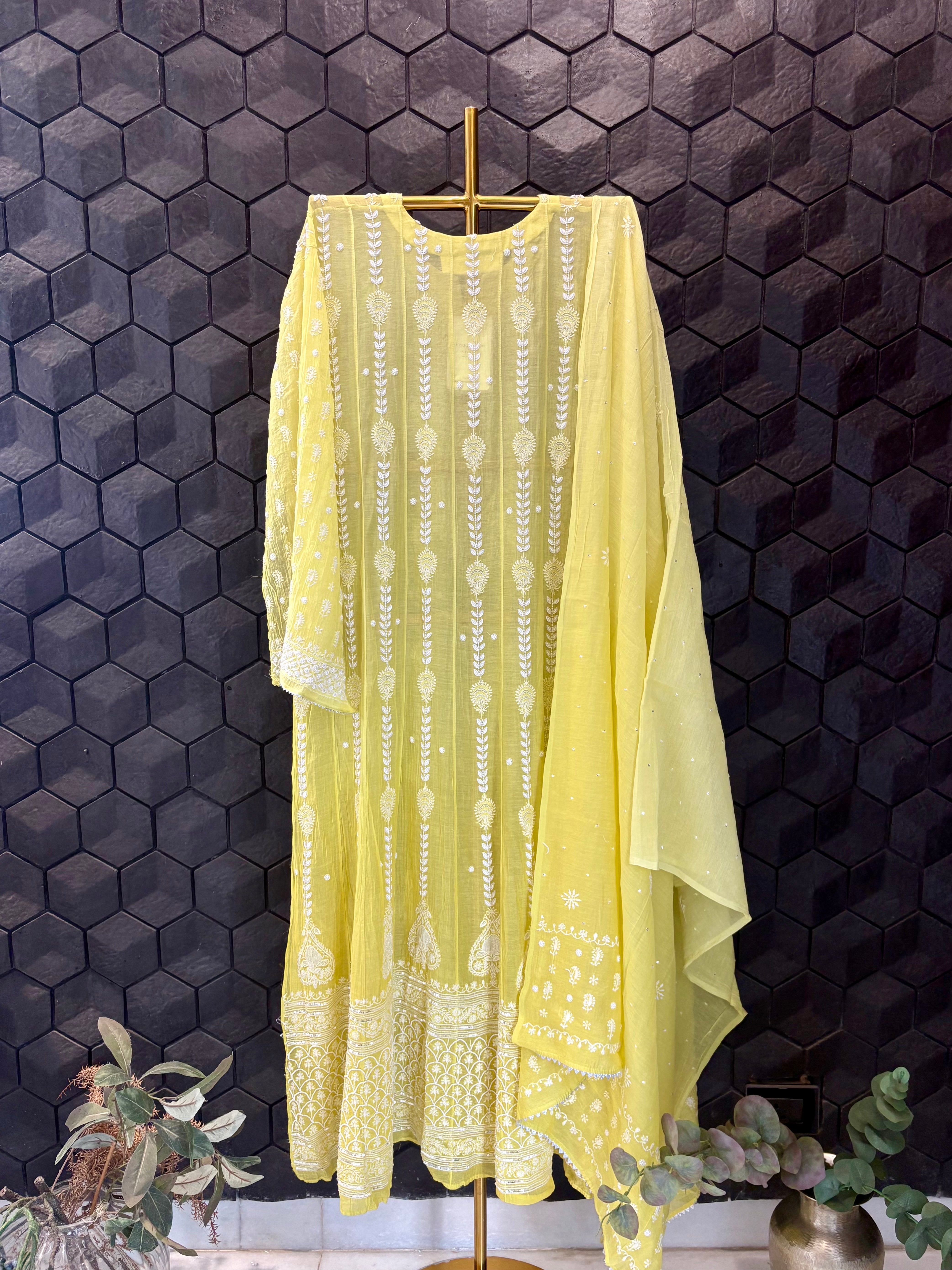 Yellow Mul Chanderi Chikankari Anarkali Set