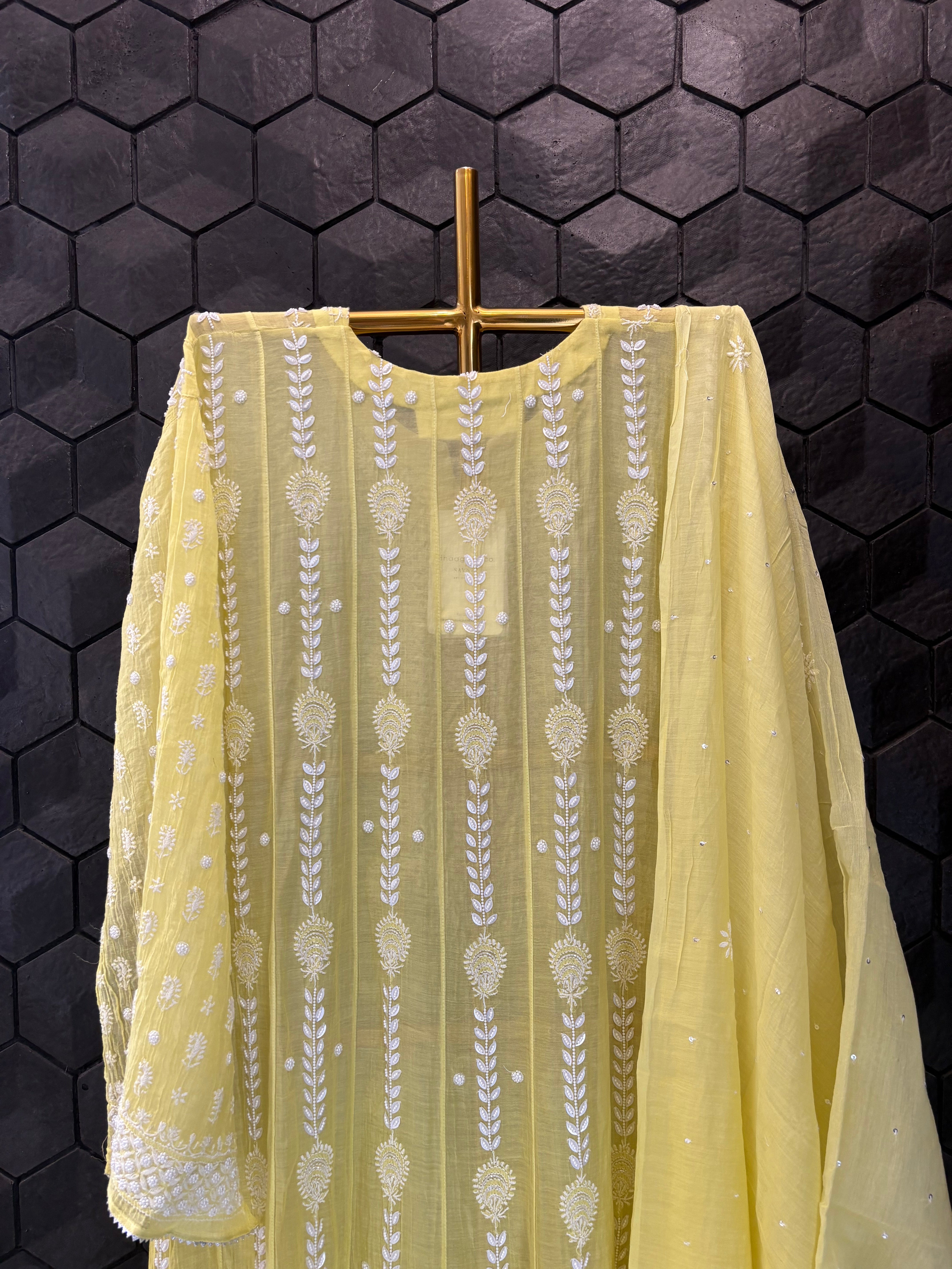 Yellow Mul Chanderi Chikankari Anarkali Set
