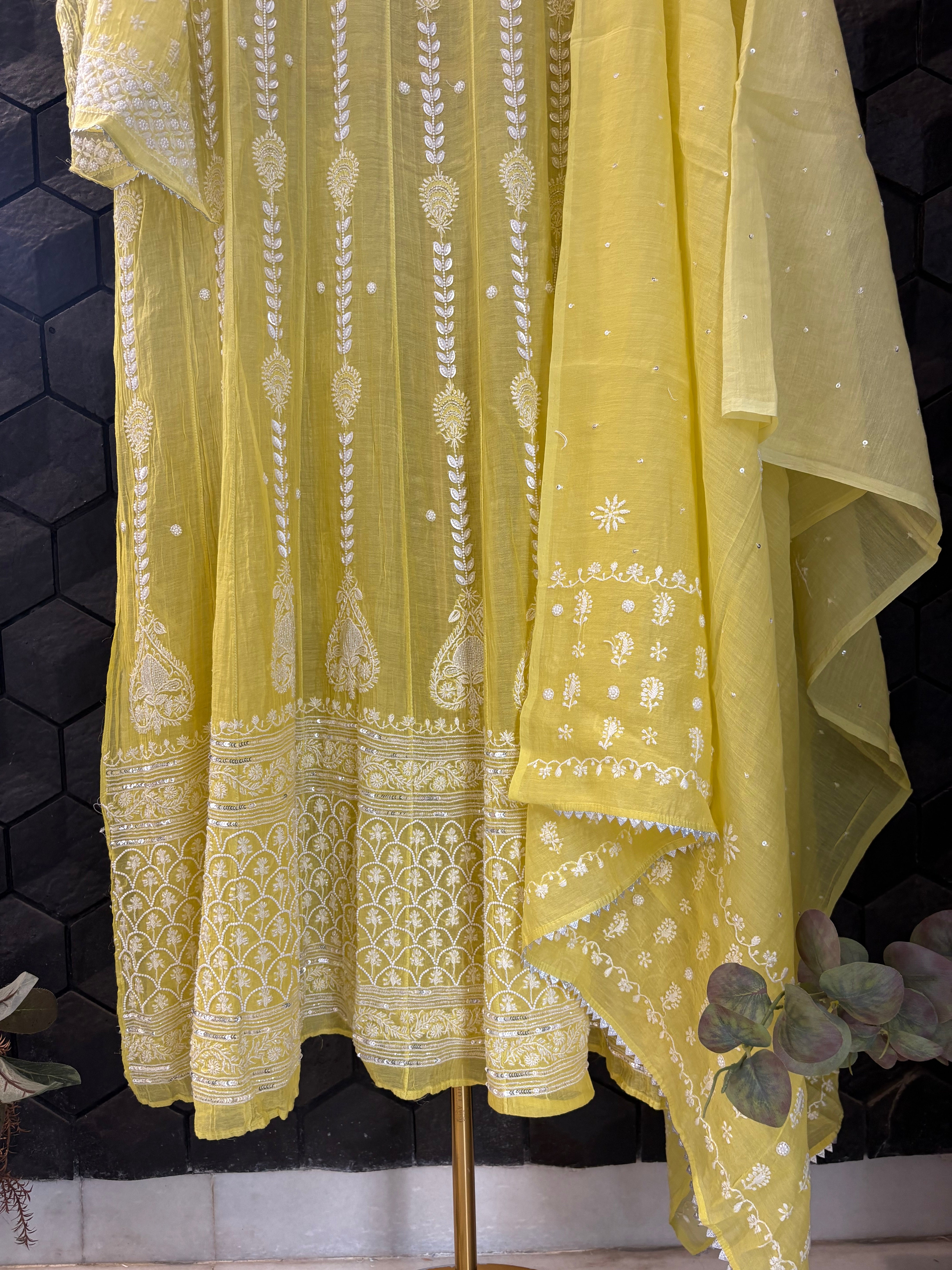 Yellow Mul Chanderi Chikankari Anarkali Set