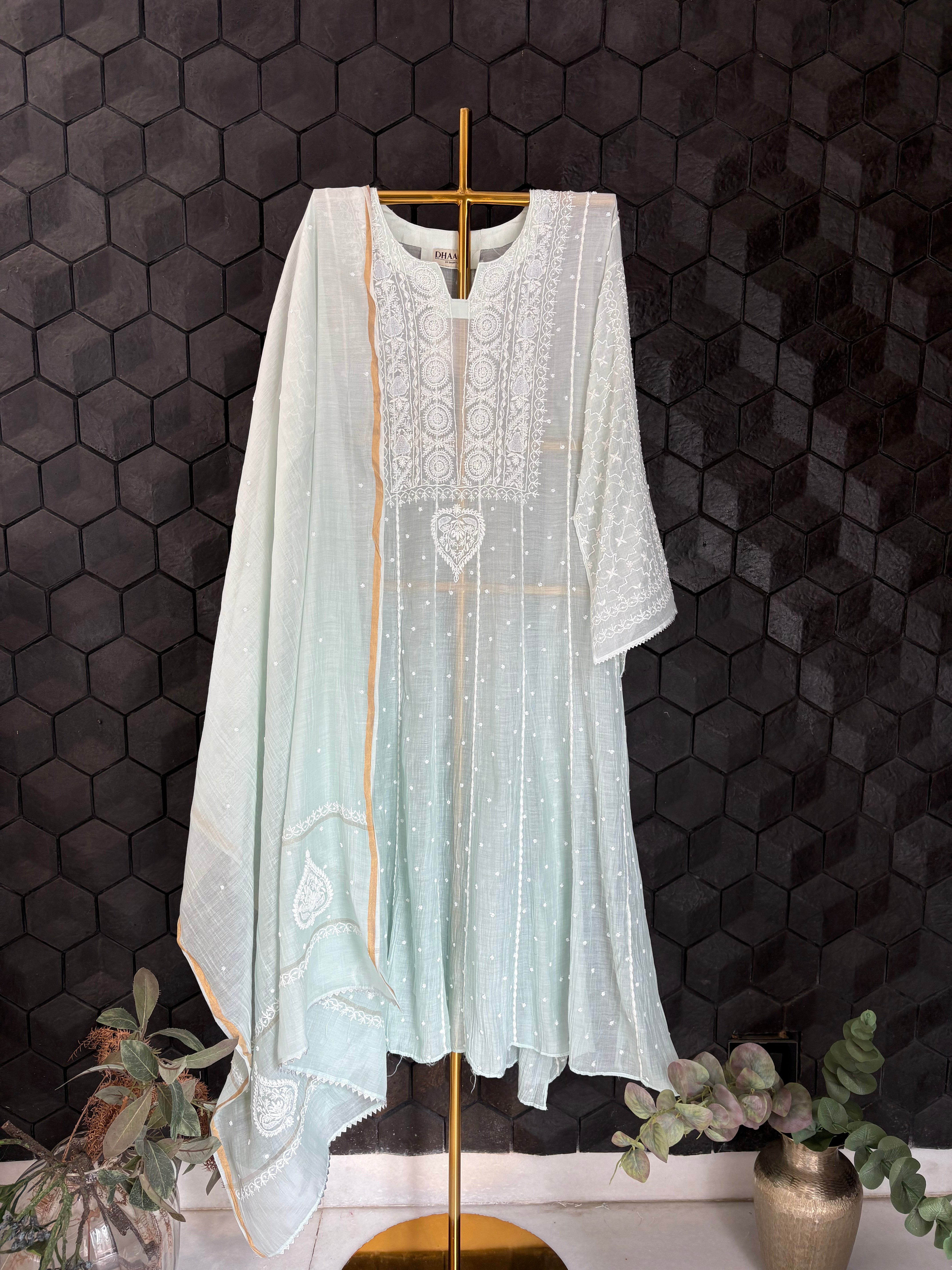 Sea Green Chikankari Mul Chanderi Anarkali Set