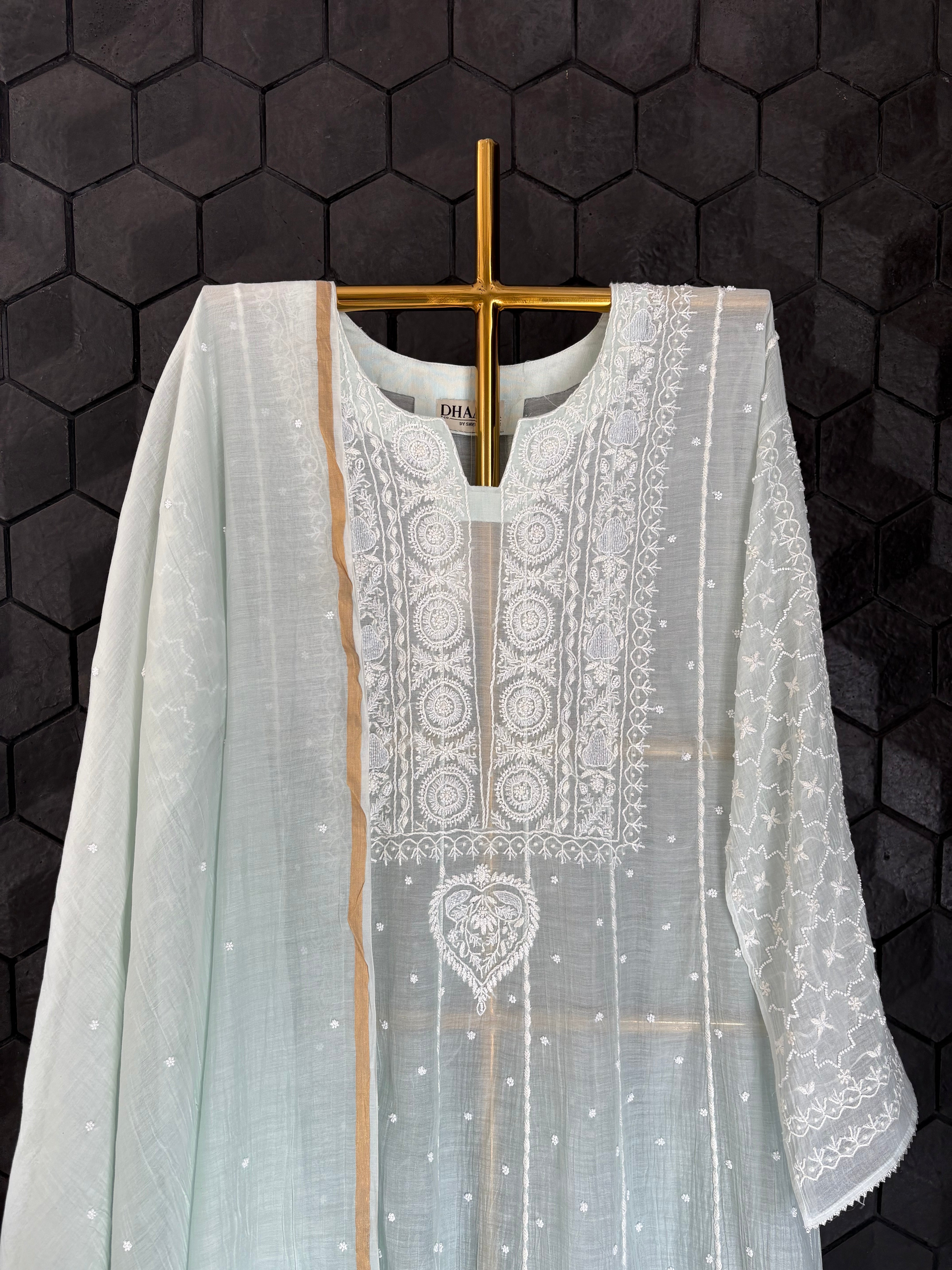 Sea Green Chikankari Mul Chanderi Anarkali Set