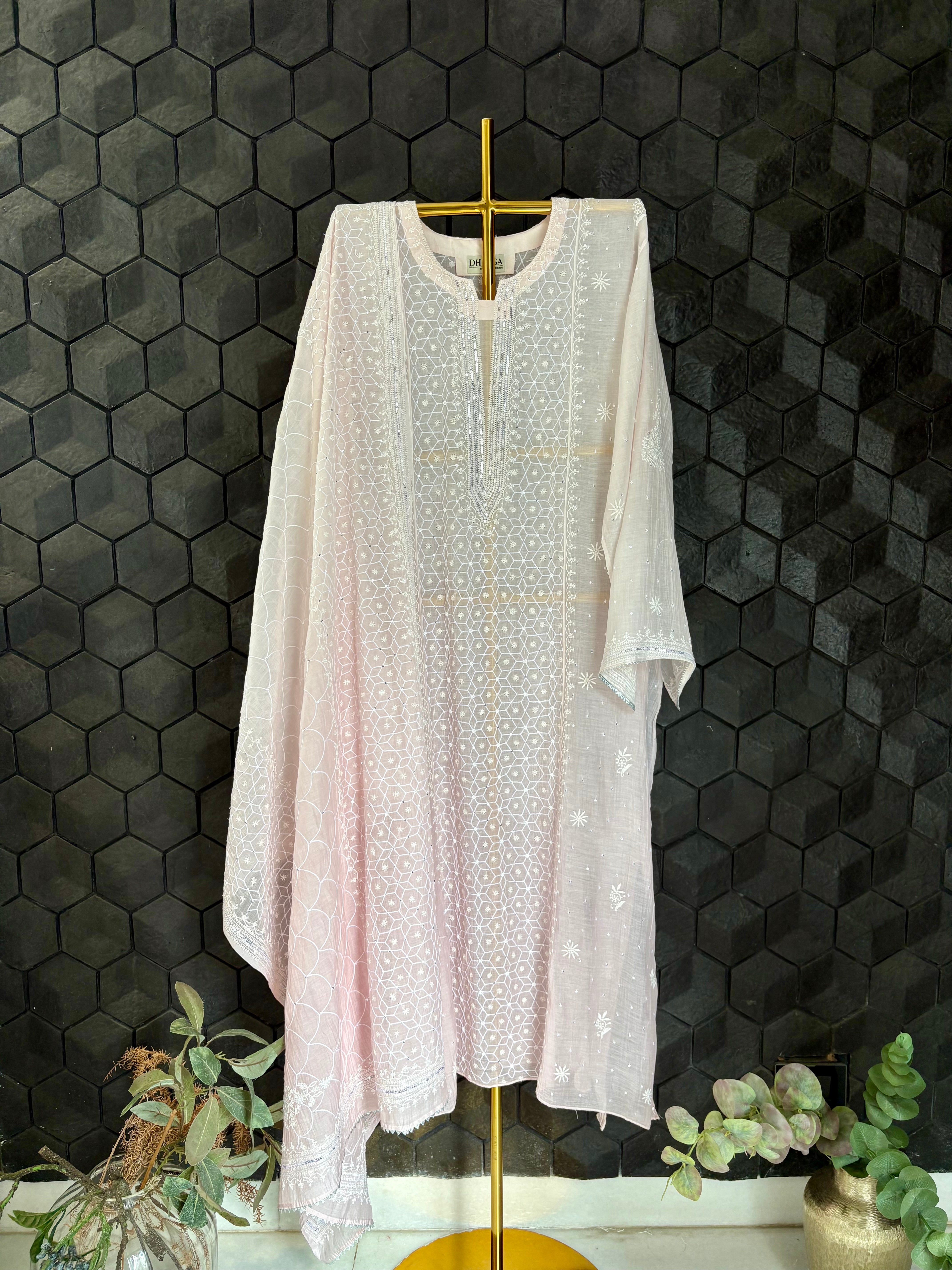 Pink Chikankari Mul Chanderi Kurta Set