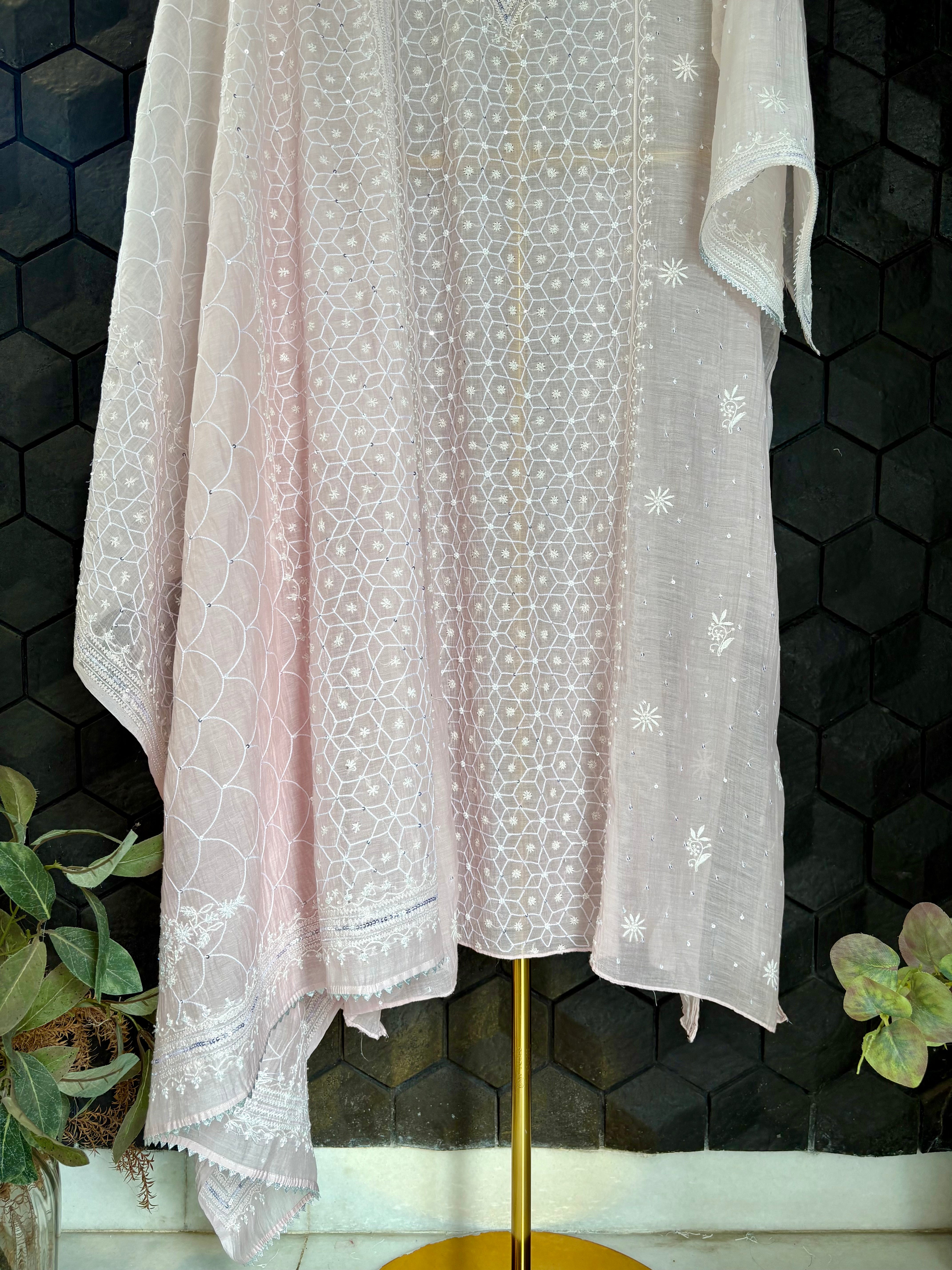Pink Chikankari Mul Chanderi Kurta Set