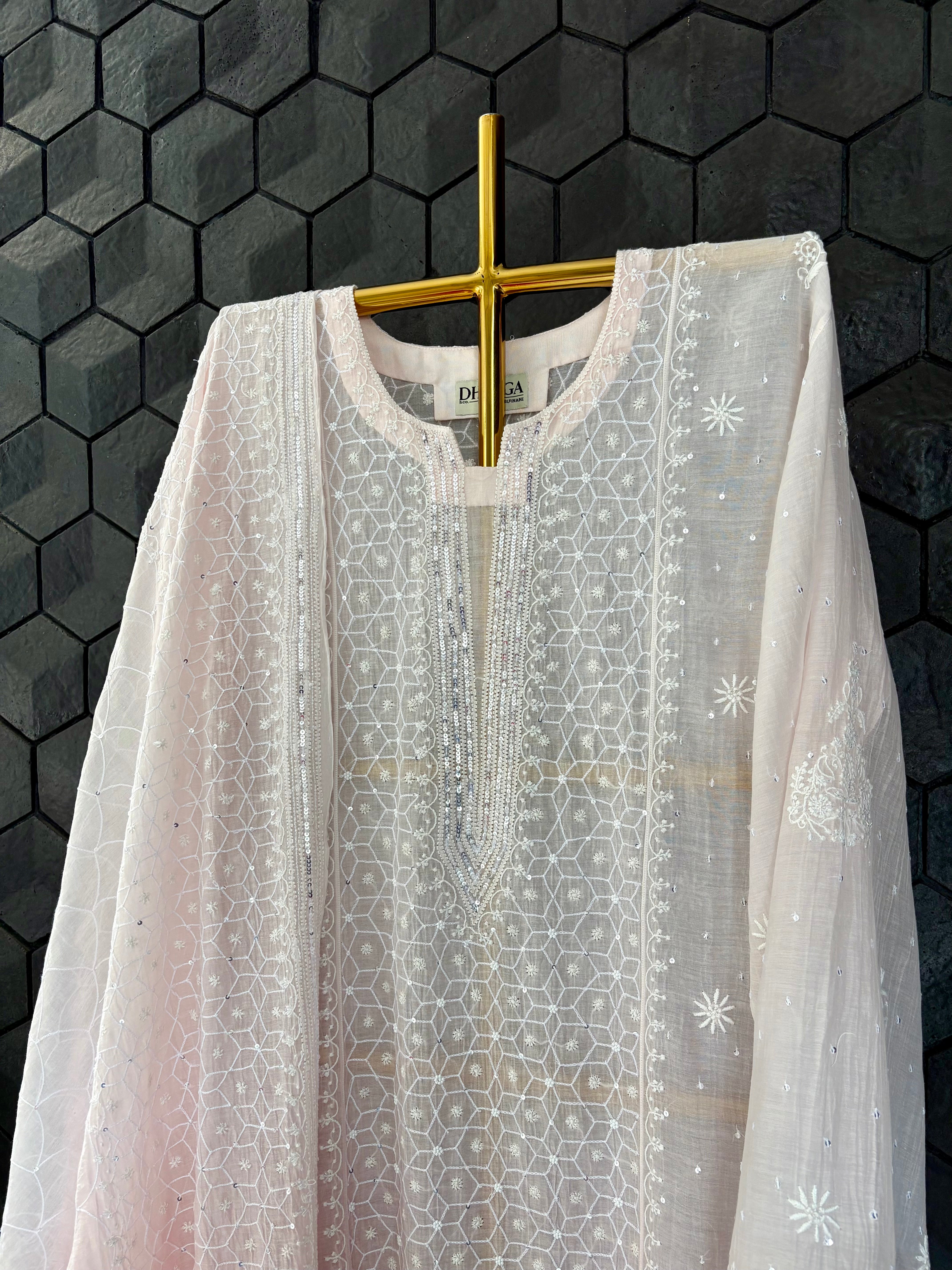 Pink Chikankari Mul Chanderi Kurta Set