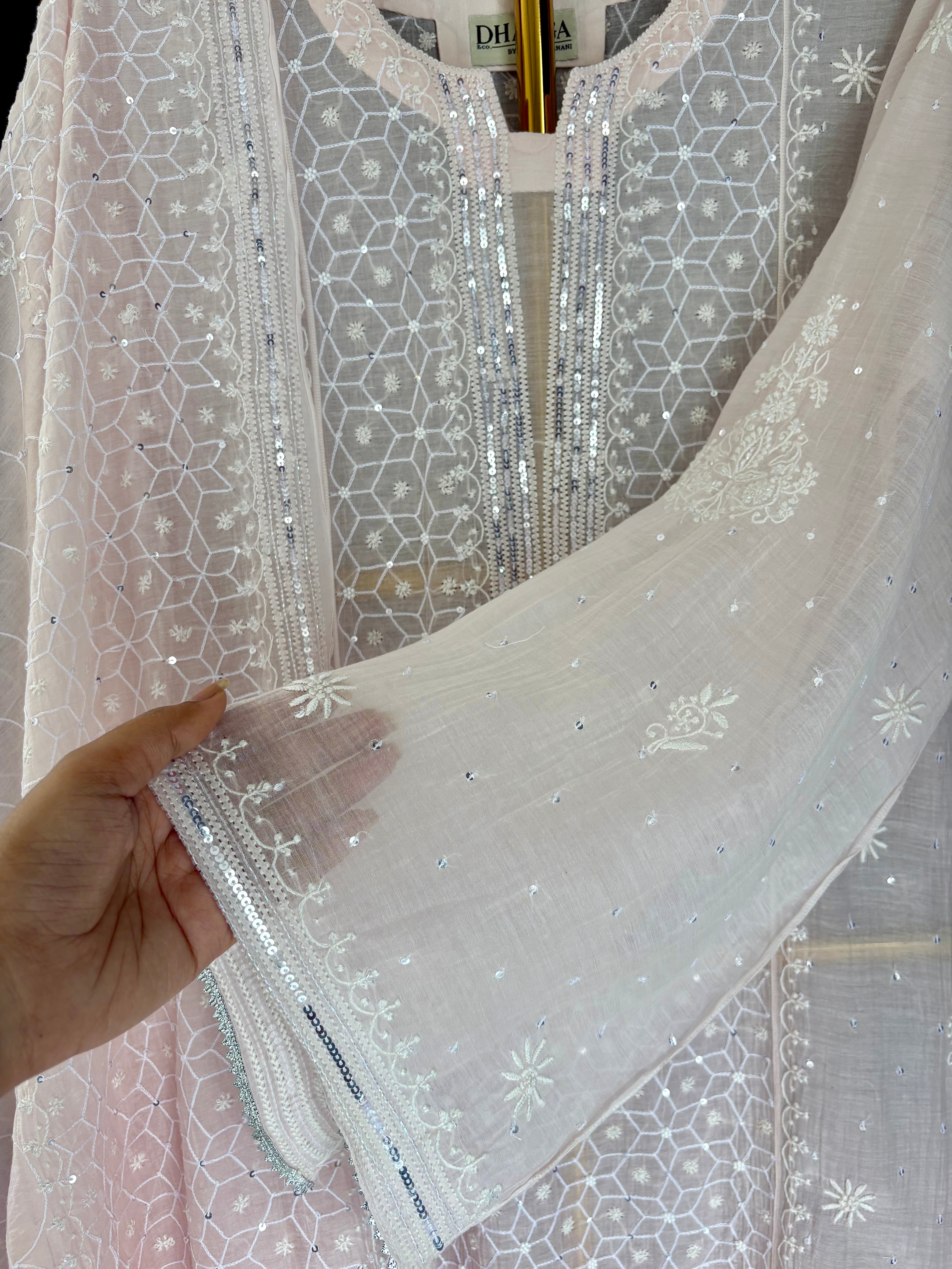Pink Chikankari Mul Chanderi Kurta Set