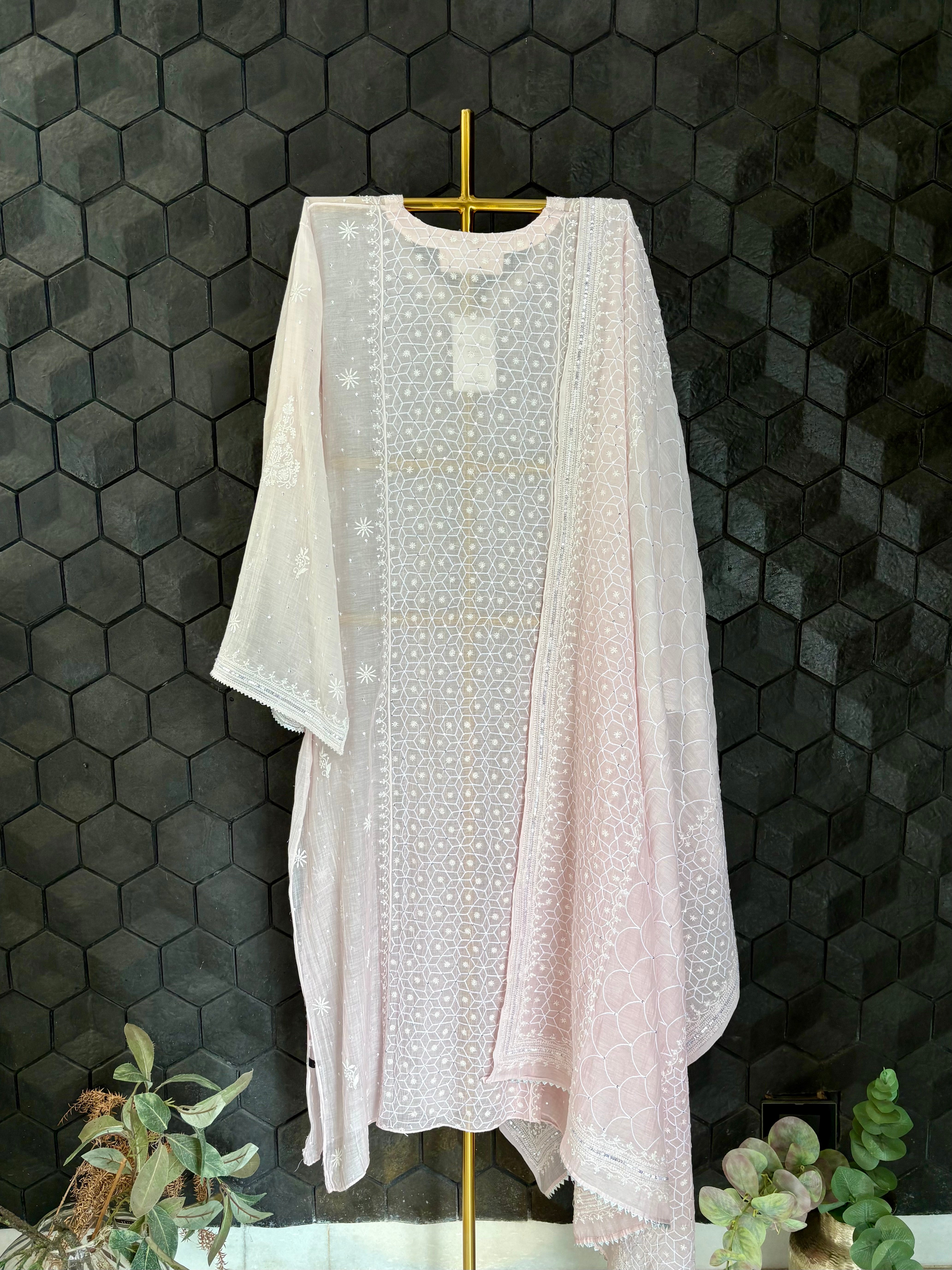 Pink Chikankari Mul Chanderi Kurta Set