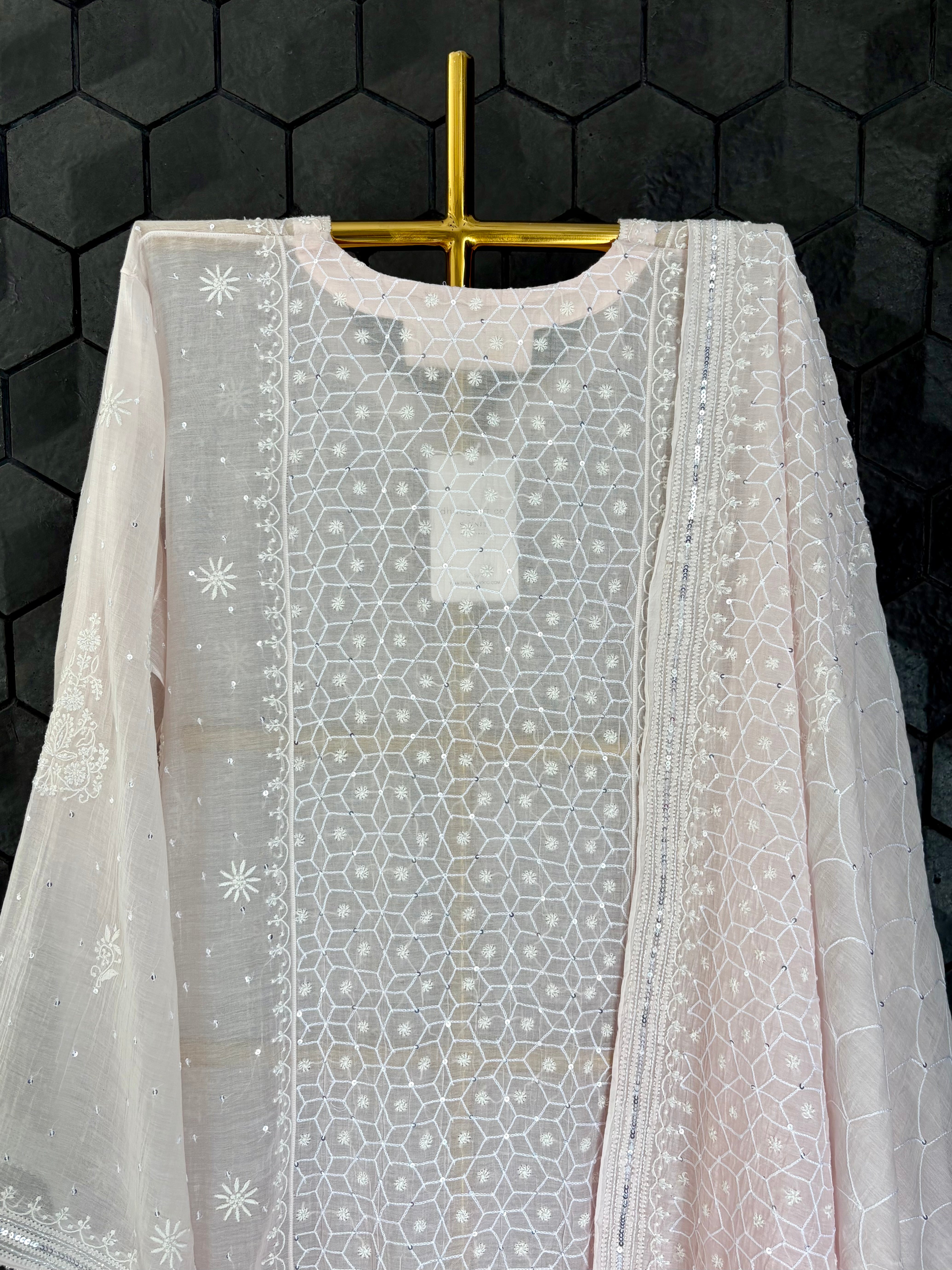 Pink Chikankari Mul Chanderi Kurta Set
