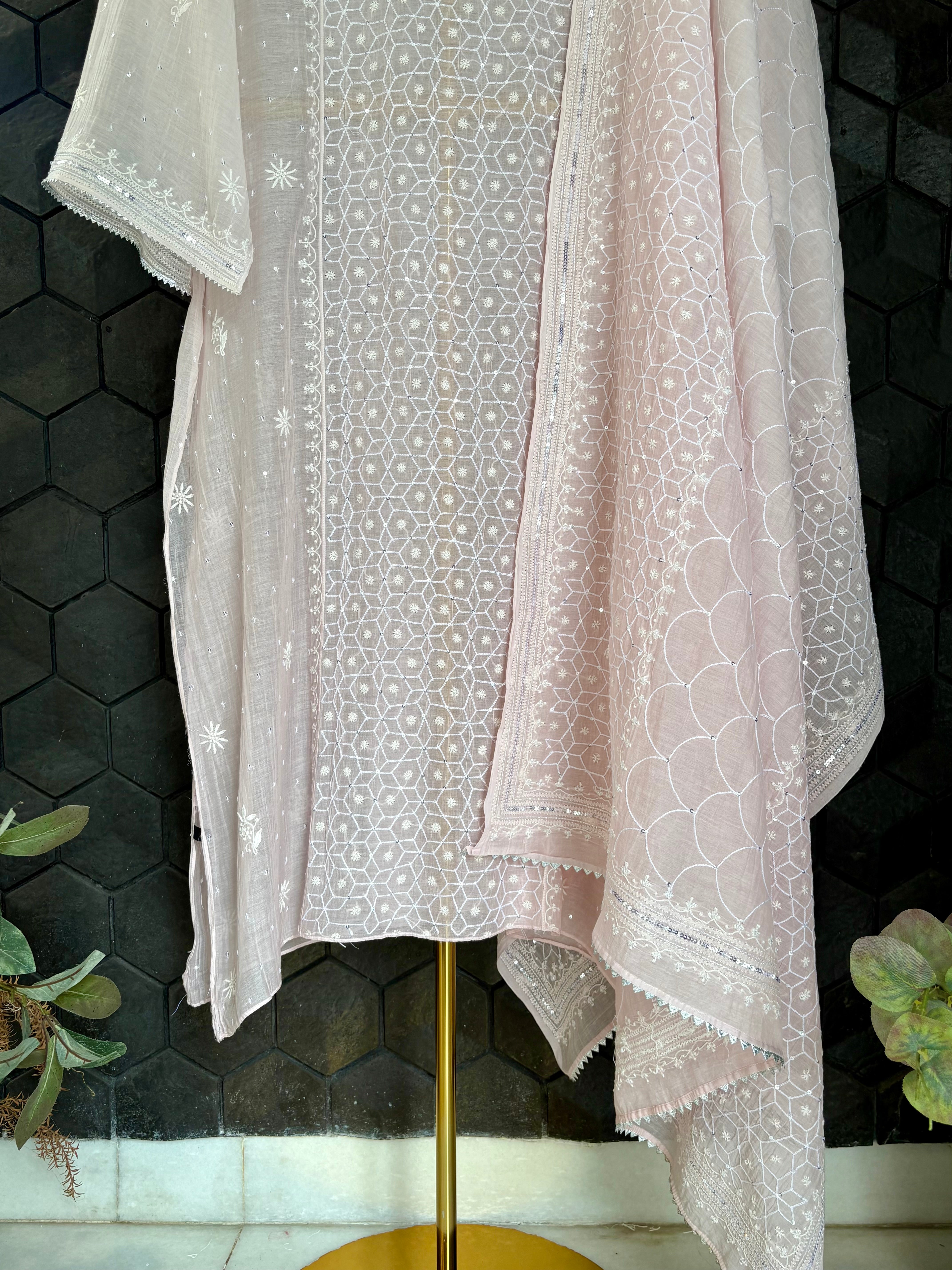 Pink Chikankari Mul Chanderi Kurta Set