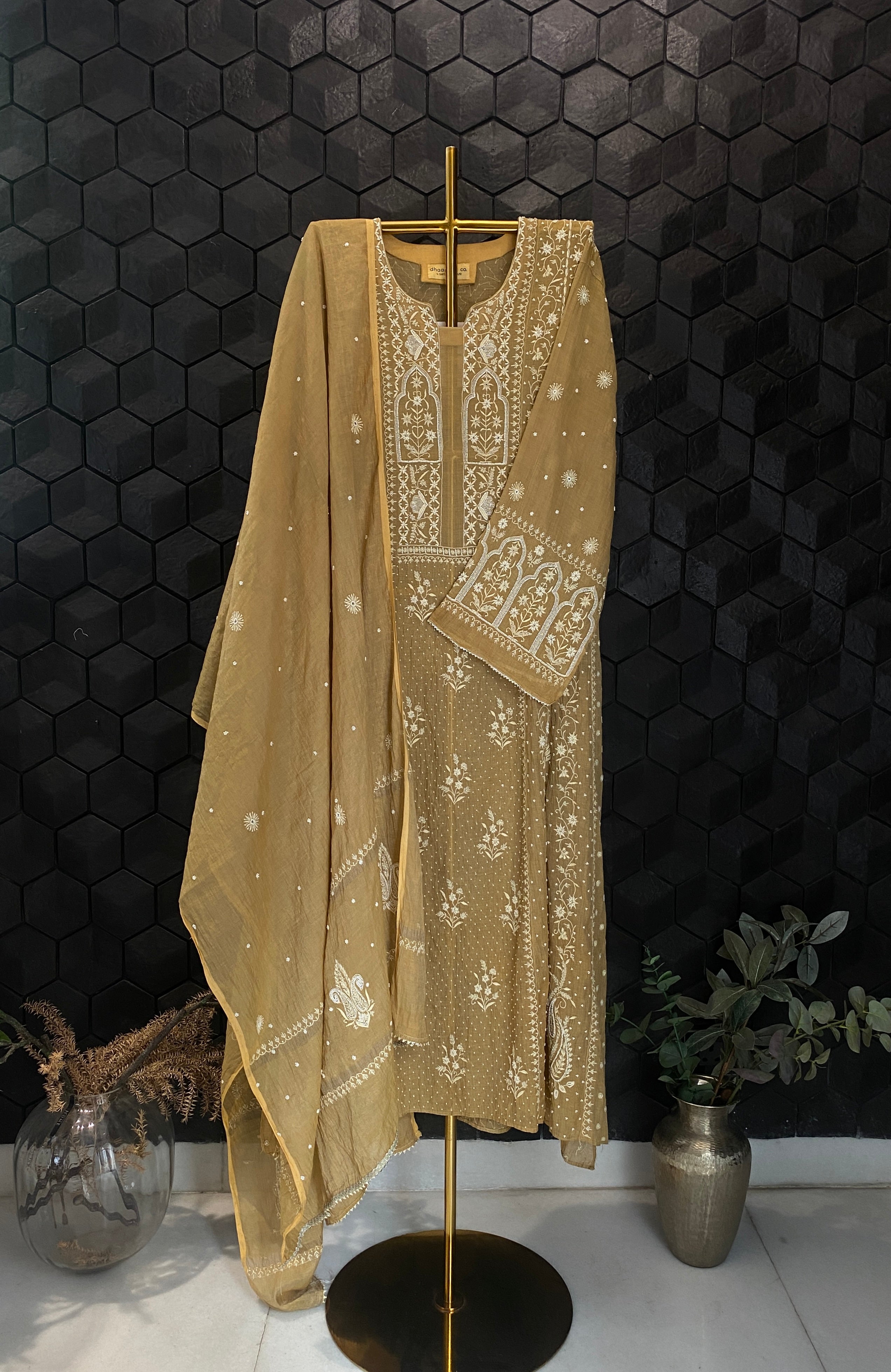Mustard Tissue Chikankari Anarkali Set
