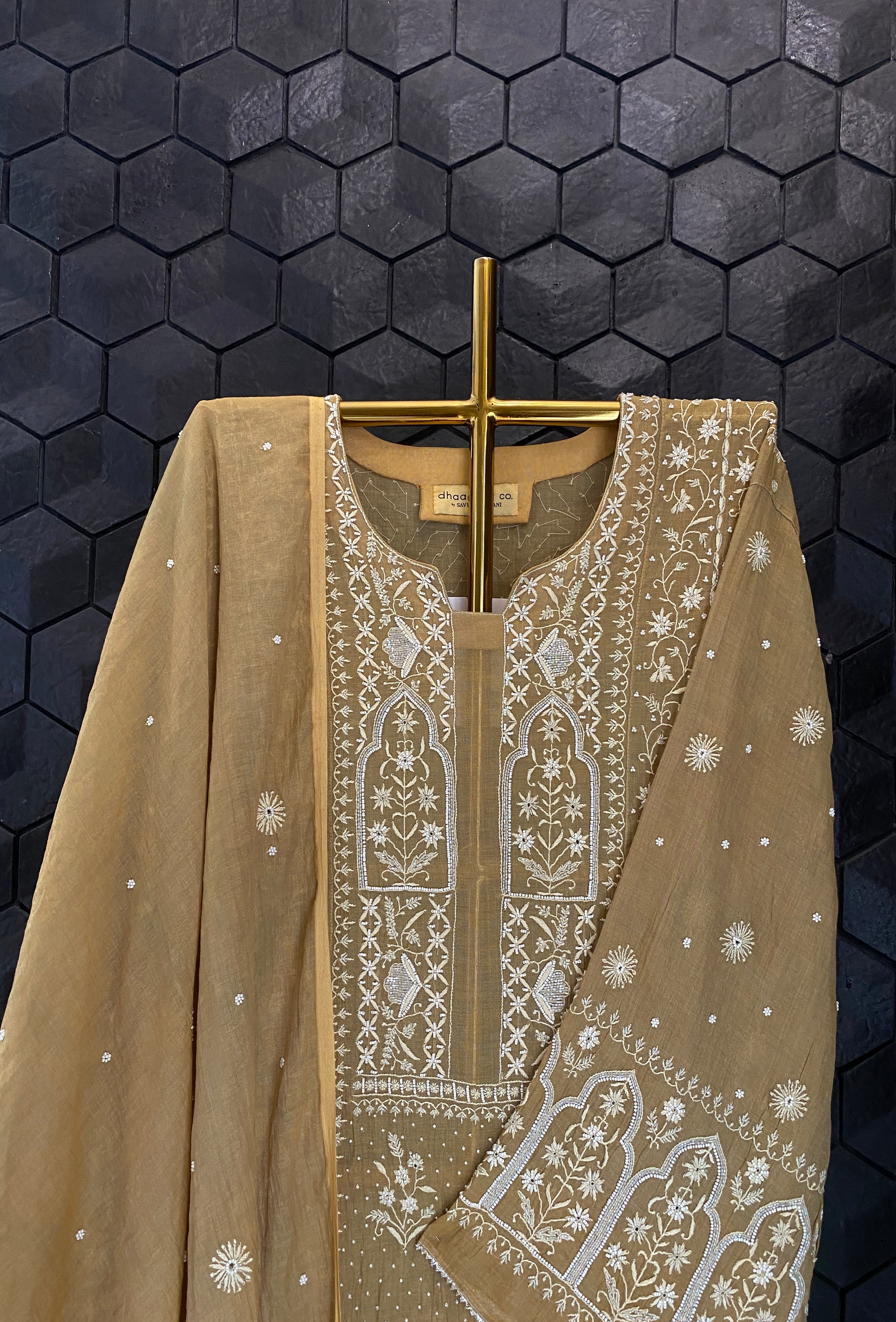 Mustard Tissue Chikankari Anarkali Set