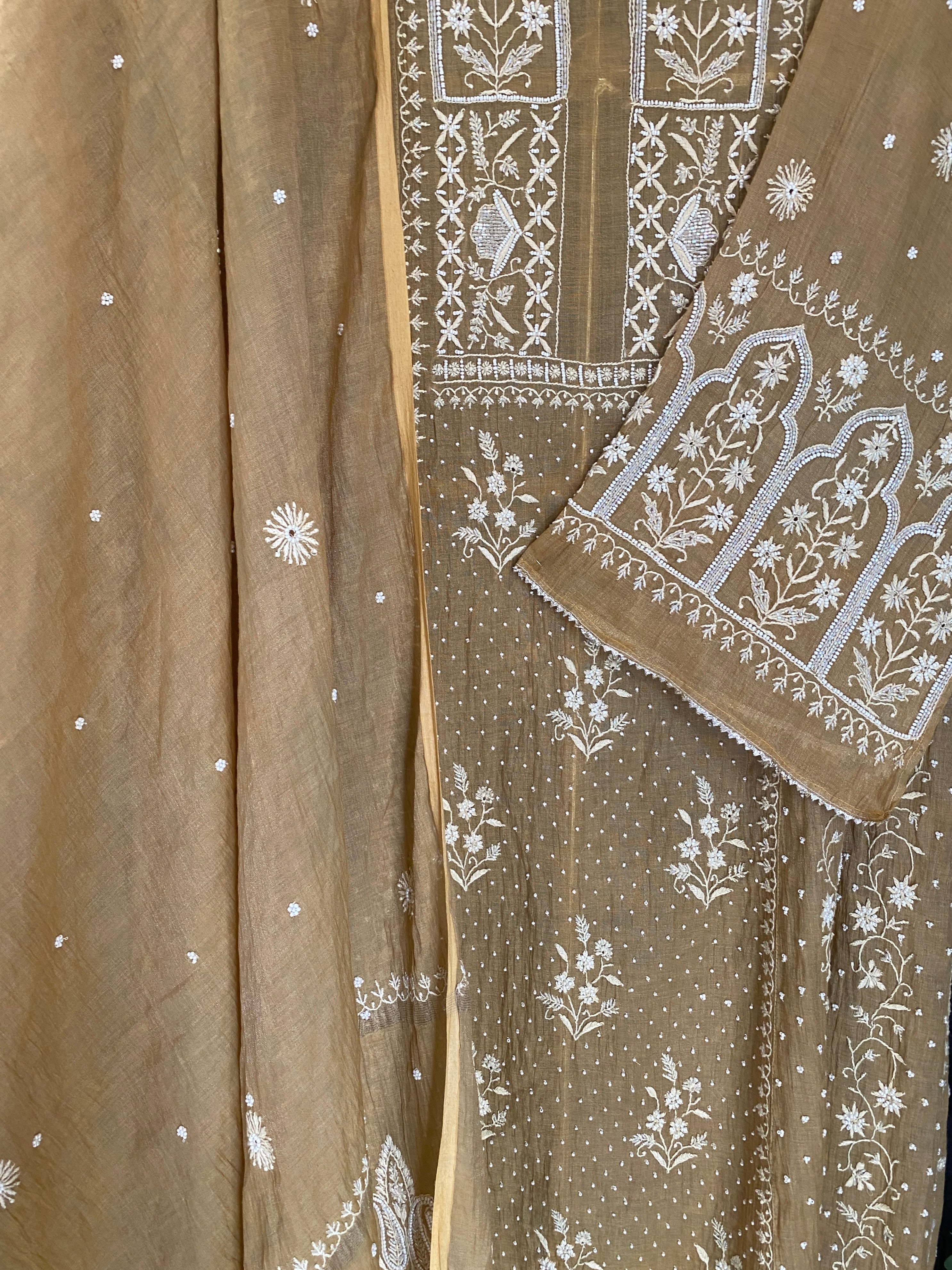 Mustard Tissue Chikankari Anarkali Set